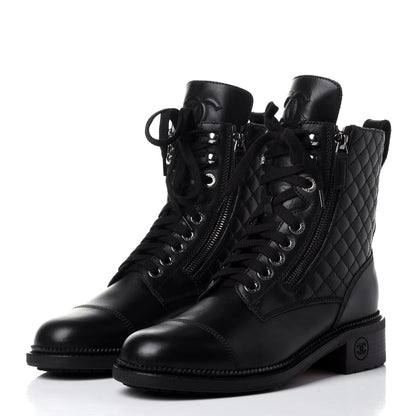 Chanel Calfskin Quilted Lace Up Combat Boots 38 Black 3 of 10