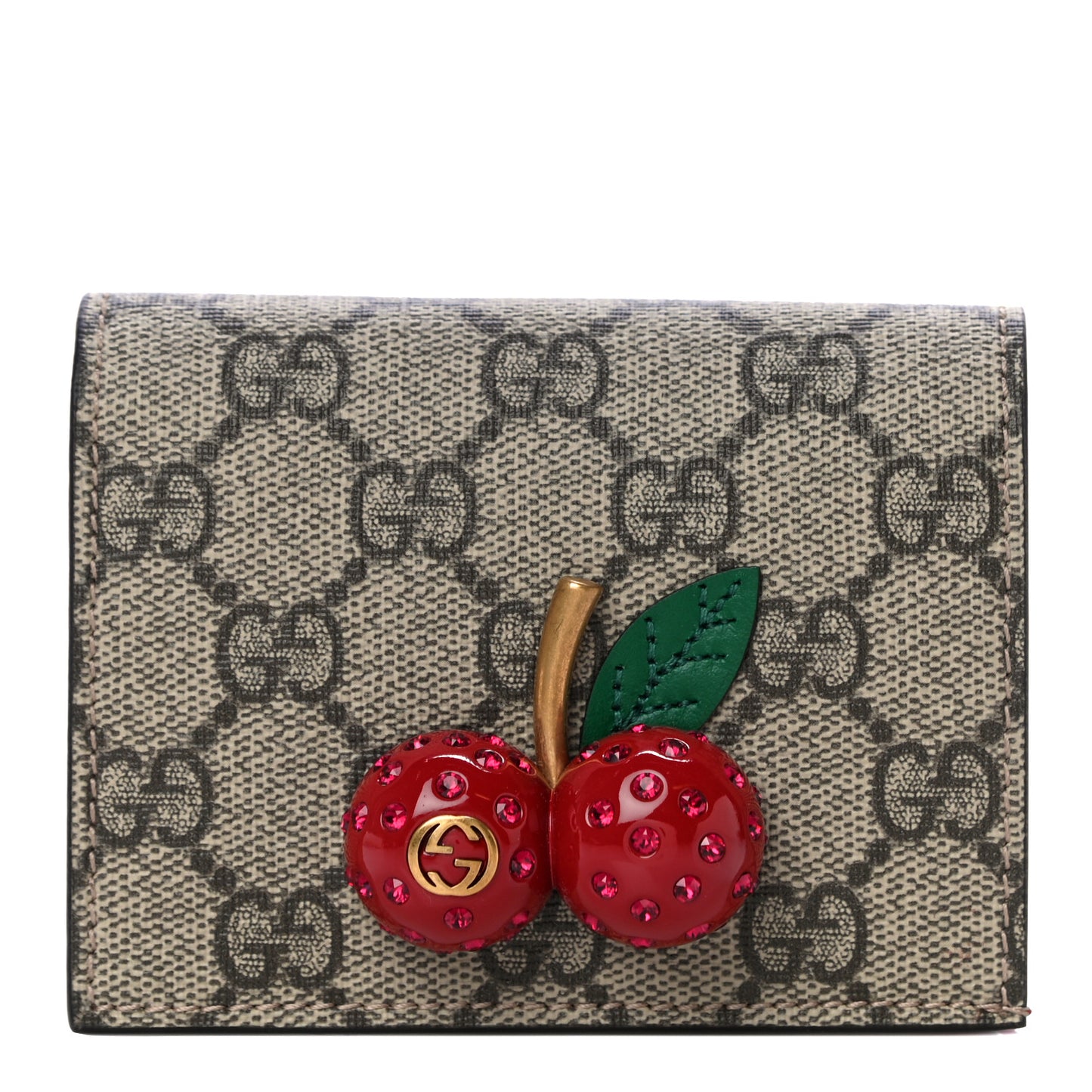 GG Supreme Monogram Cherry Embellished Card Case Wallet Hibiscus Red