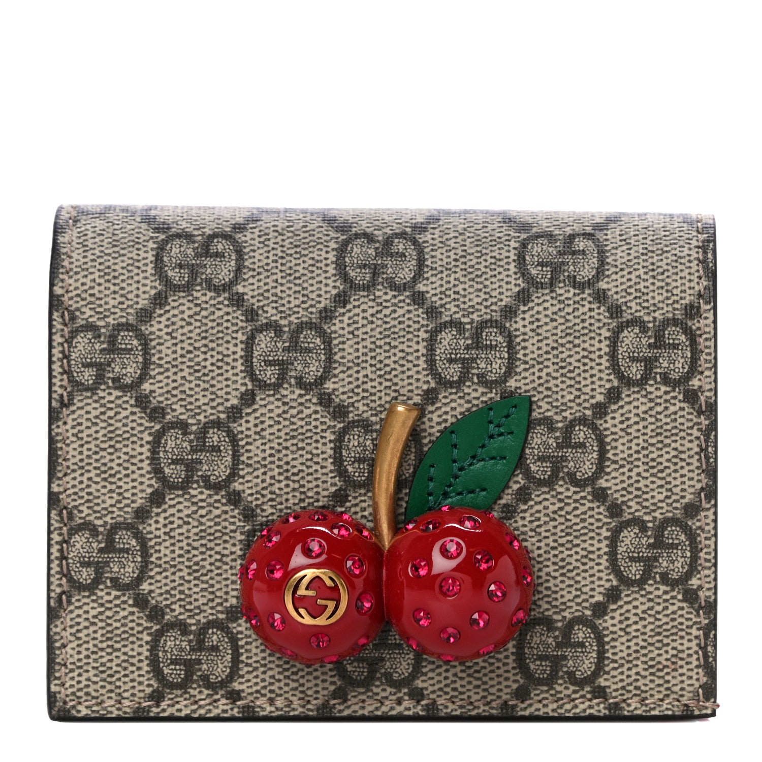 Gucci GG Supreme Monogram Cherry Embellished Card Case Wallet Hibiscus Red 1 of 9