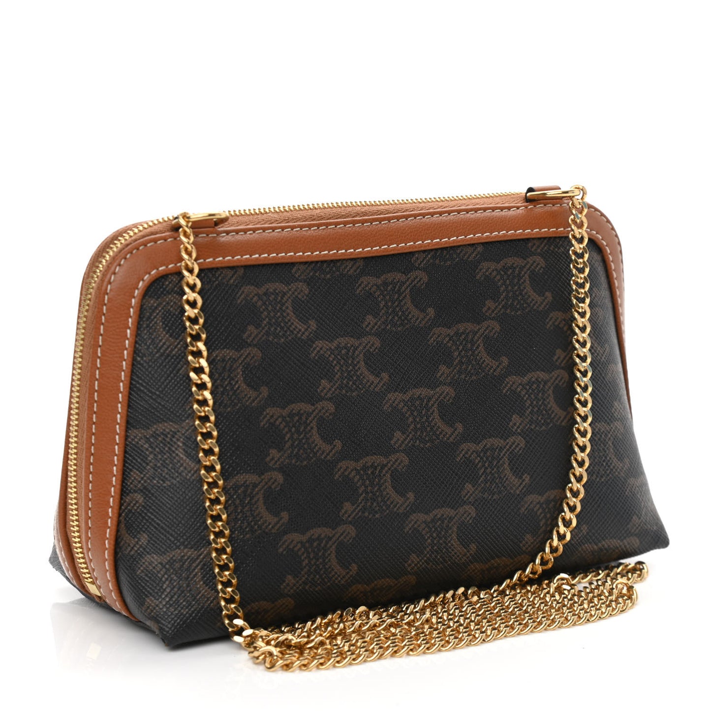 Triomphe Canvas Calfskin Mini Clutch on Chain Tan