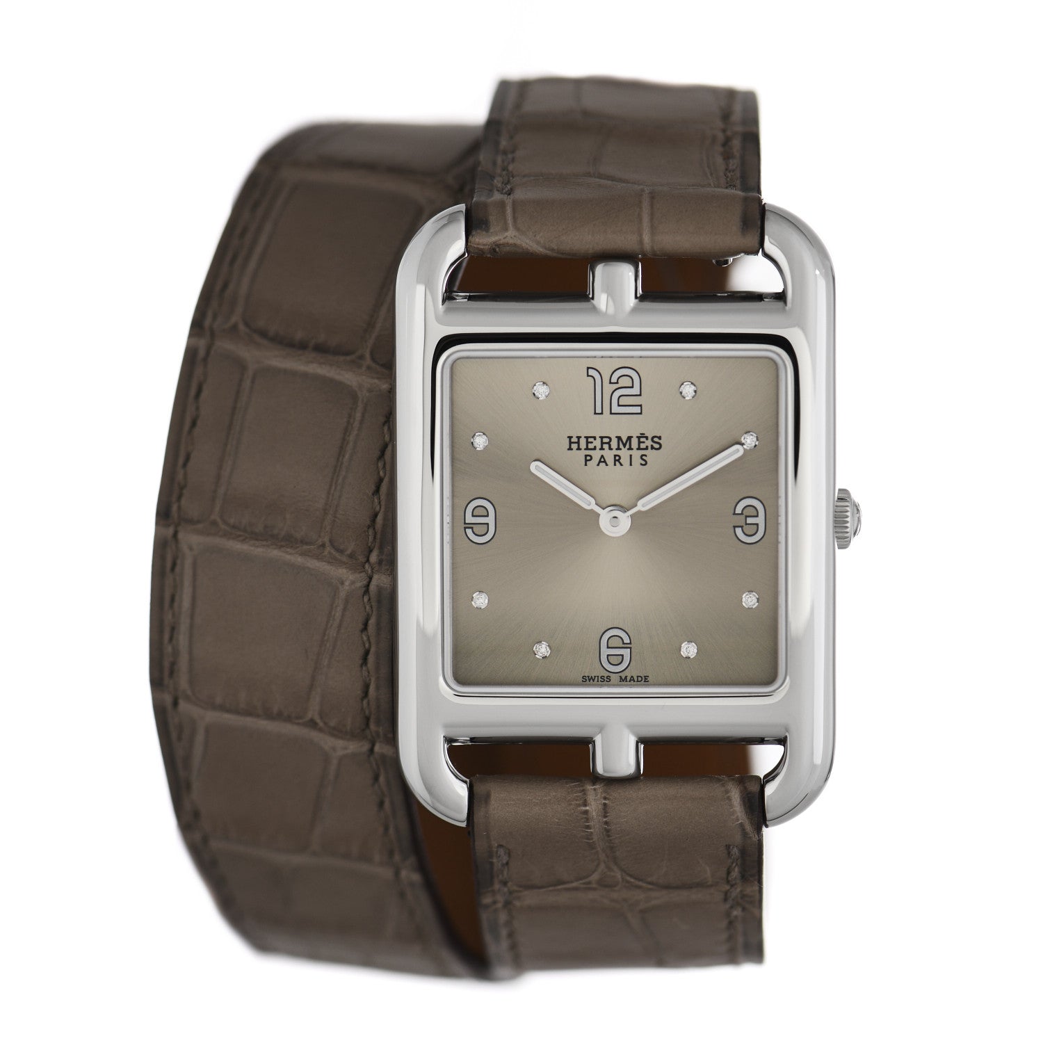 Hermes Stainless Steel Alligator Diamond 29mm Cape Cod Double Tour Quartz Watch Gris Elephant 1 of 5