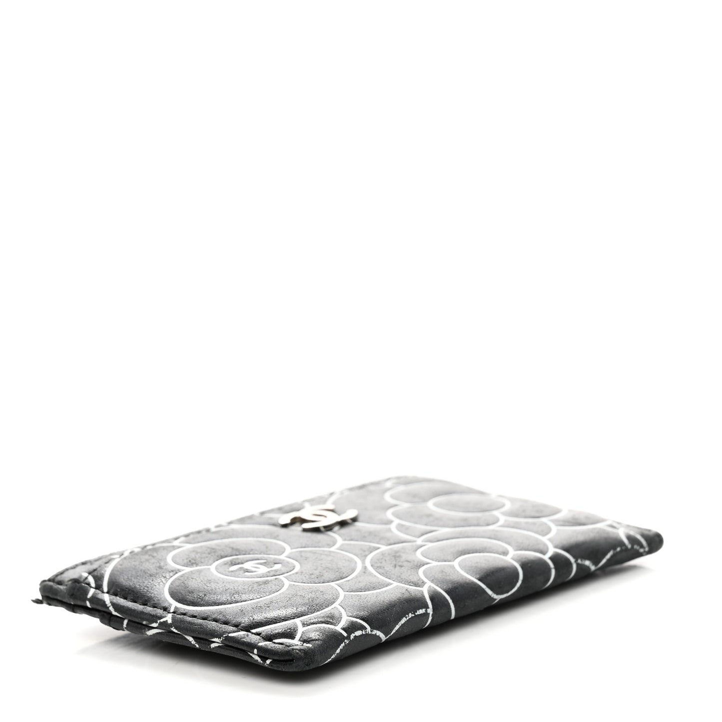 Lambskin Camellia Embossed Card Holder Black White