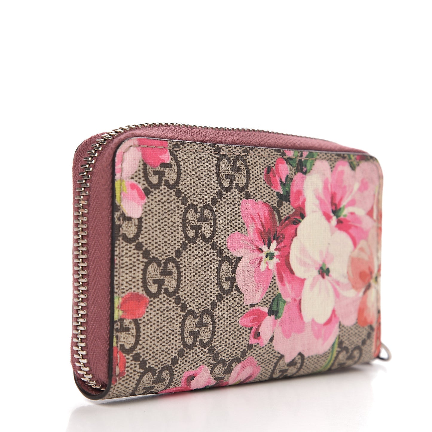 GG Supreme Monogram Blooms Zip Around Card Case Wallet Beige Multicolor Dry Rose