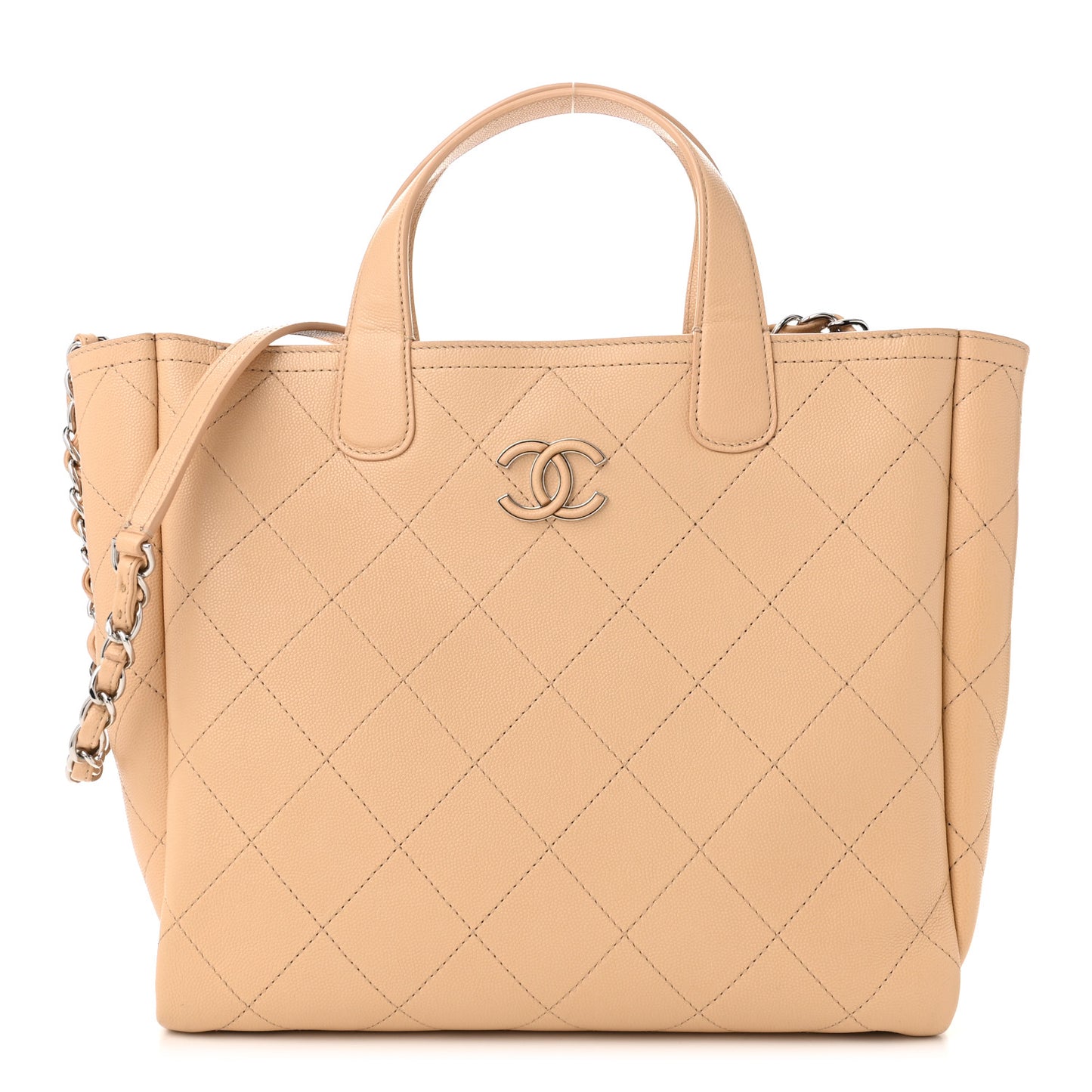 Caviar Stitched Small Shopping Tote Beige