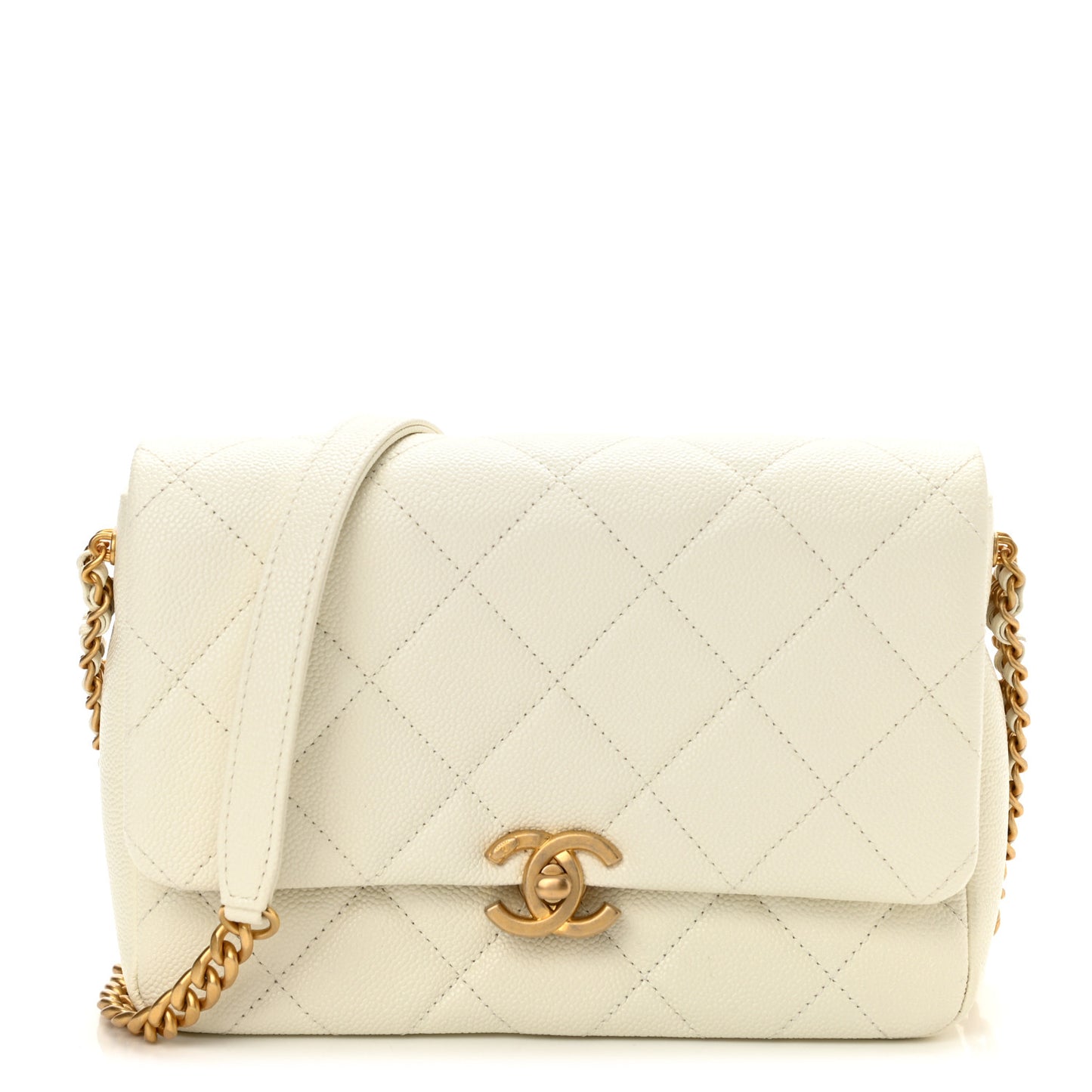 Shiny Caviar Quilted Small Chain Melody Flap White