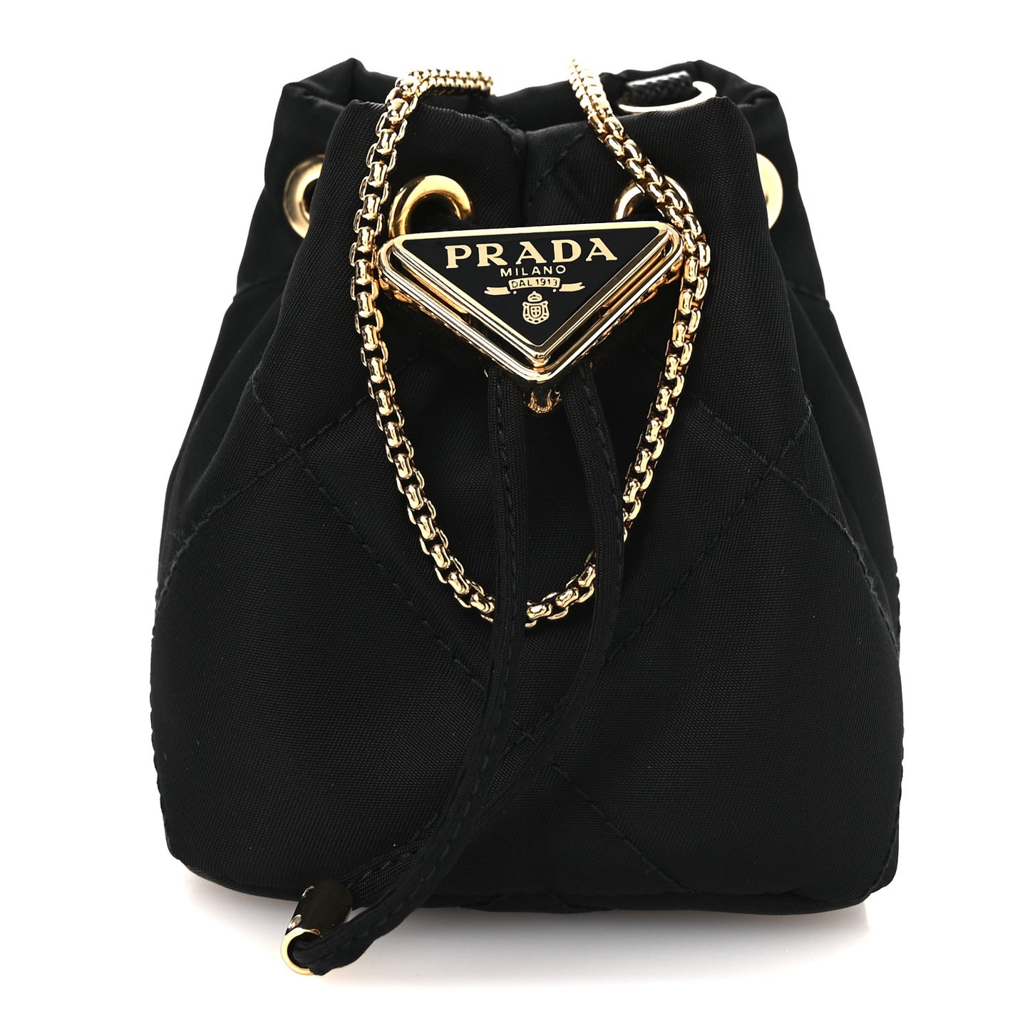 Re-Nylon Quilted Metal Triangle Logo Mini Drawcord Pouch Shoulder Bag Black