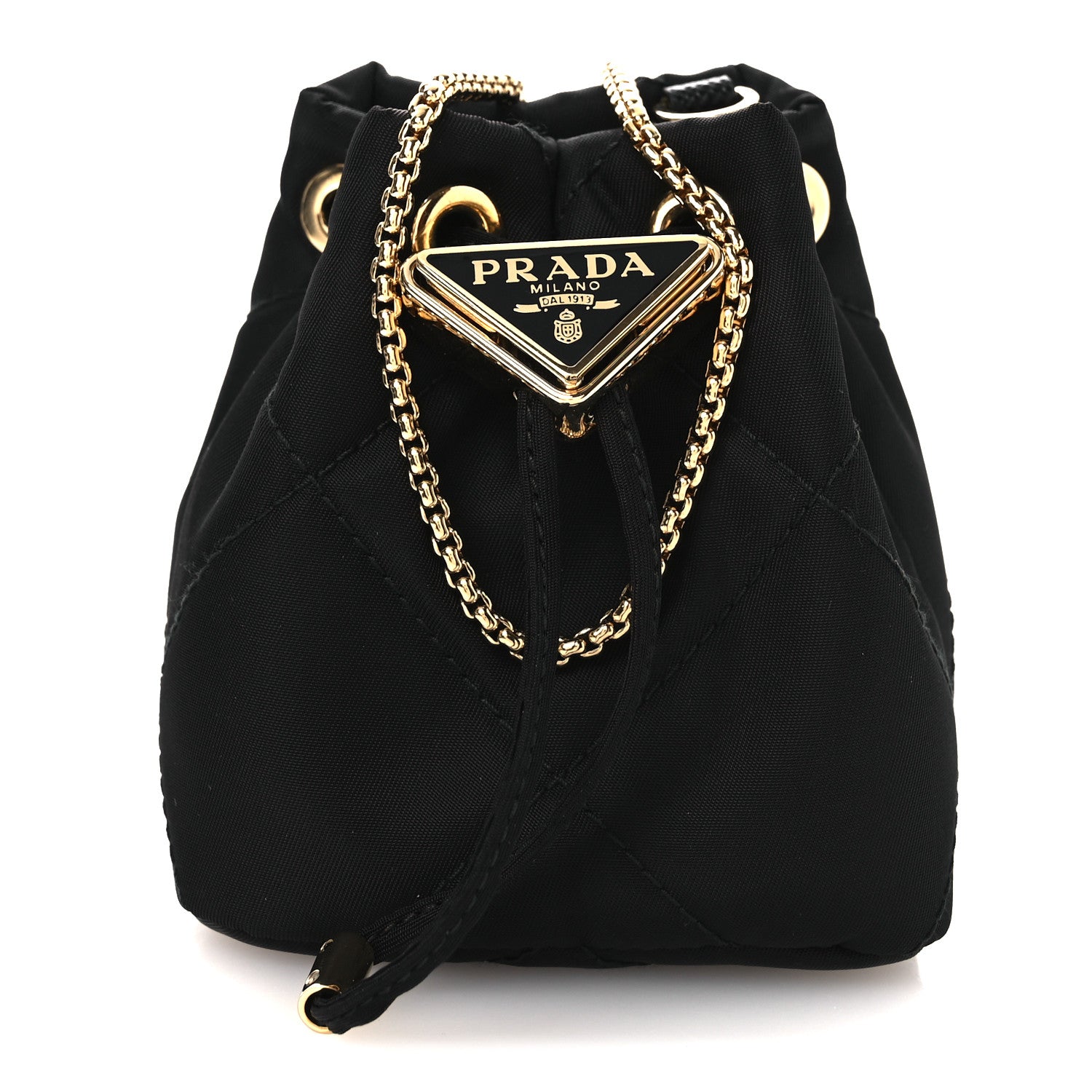 Prada Re-Nylon Quilted Metal Triangle Logo Mini Drawcord Pouch Shoulder Bag Black 1 of 12