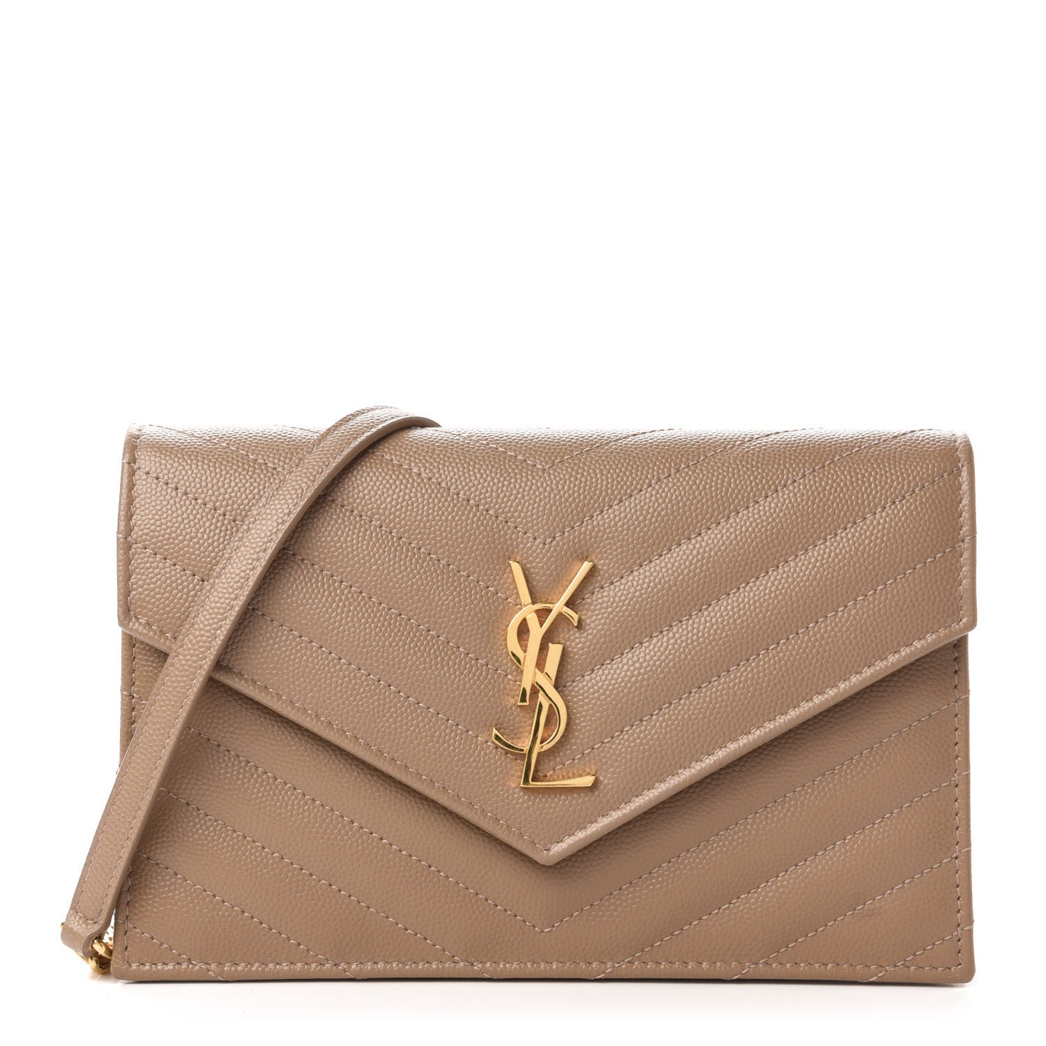 Saint Laurent Grain De Poudre Matelasse Chevron Monogram Envelope Chain Wallet Light Taupe 1 of 9