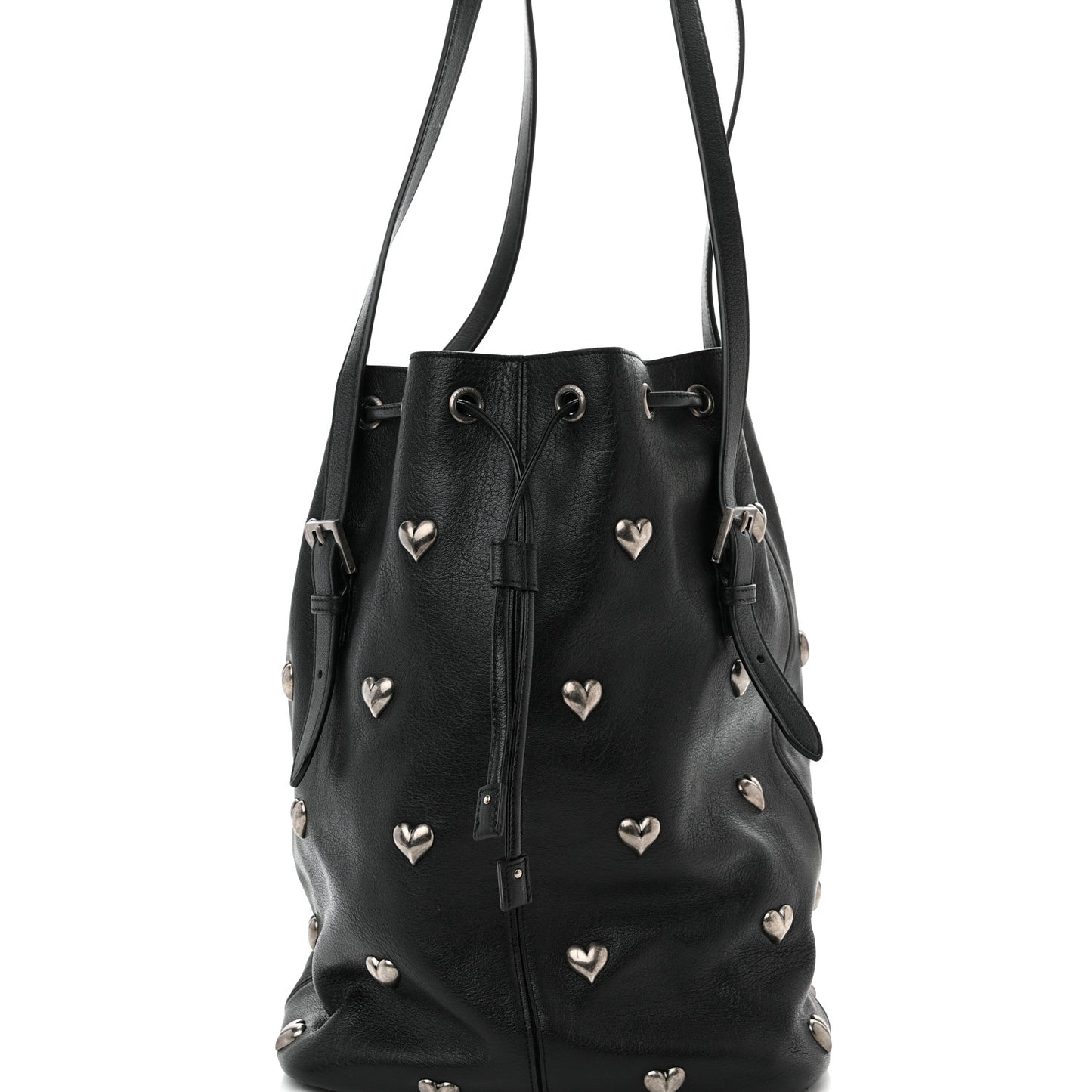 Lambskin Medium Heart Studded Riva Bucket Bag Black