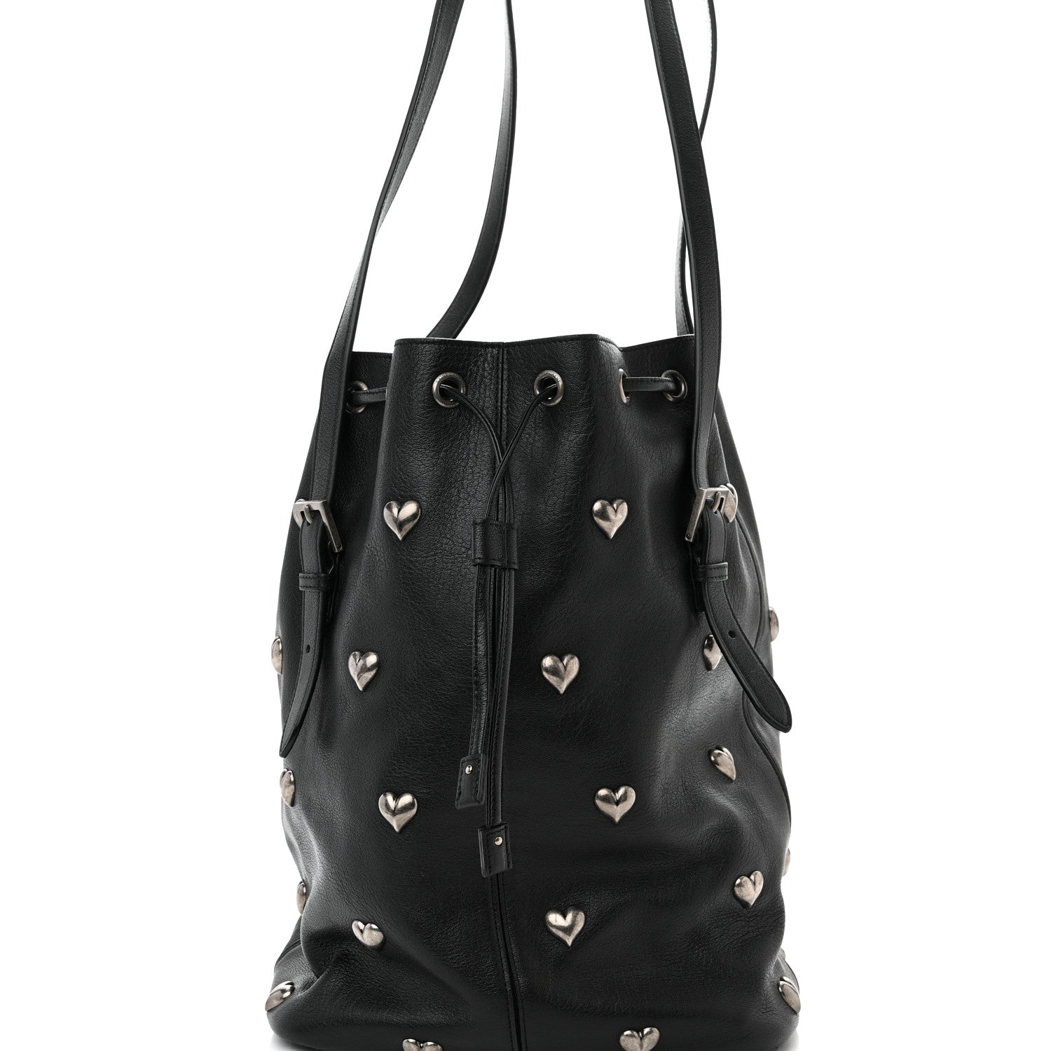 Saint Laurent Lambskin Medium Heart Studded Riva Bucket Bag Black 8 of 11