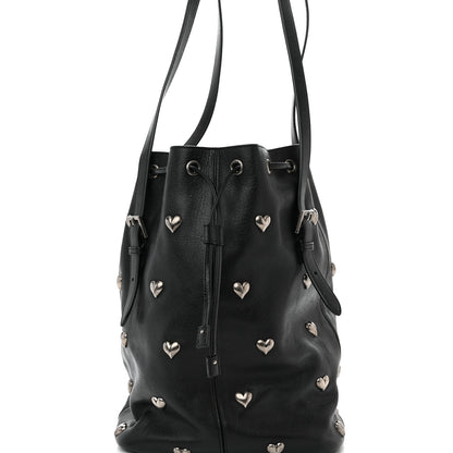 Saint Laurent Lambskin Medium Heart Studded Riva Bucket Bag Black 8 of 11
