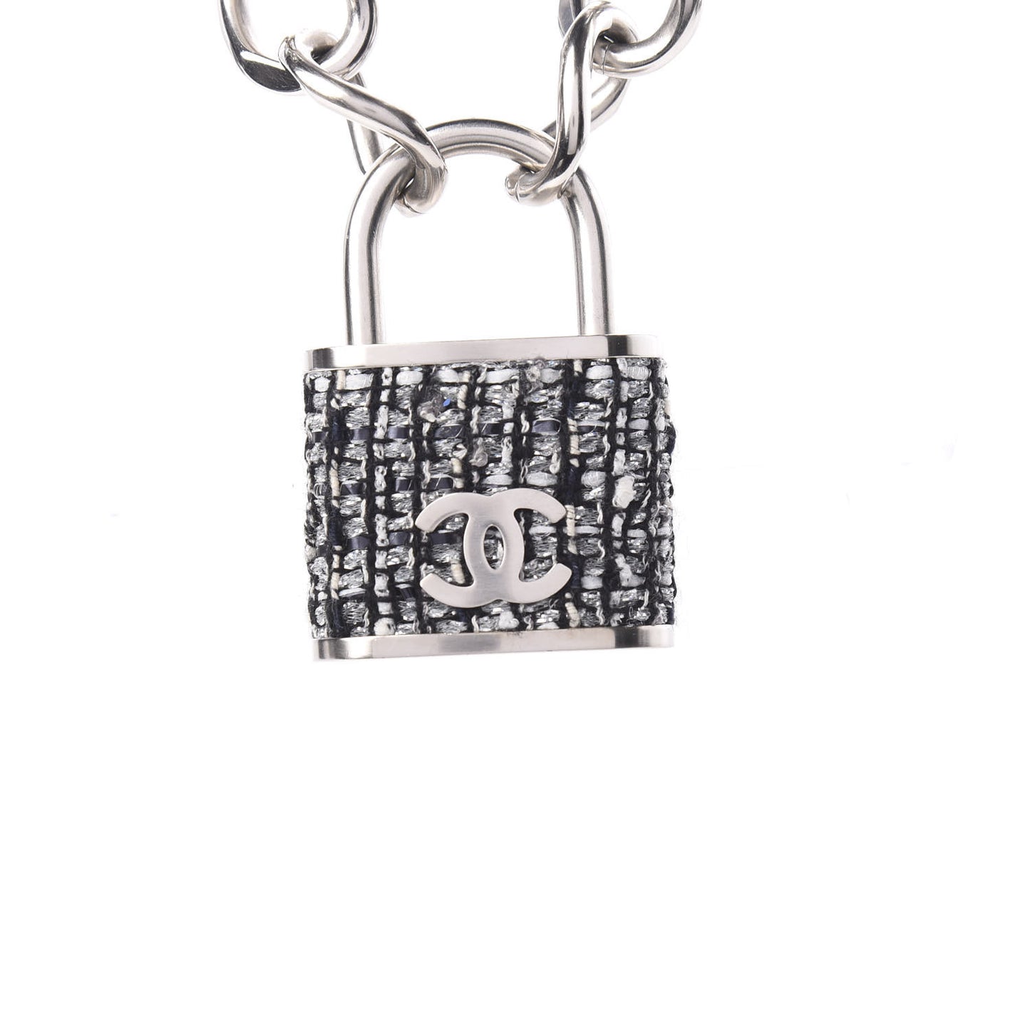 Tweed CC Oversized Padlock Chain Necklace Black Silver