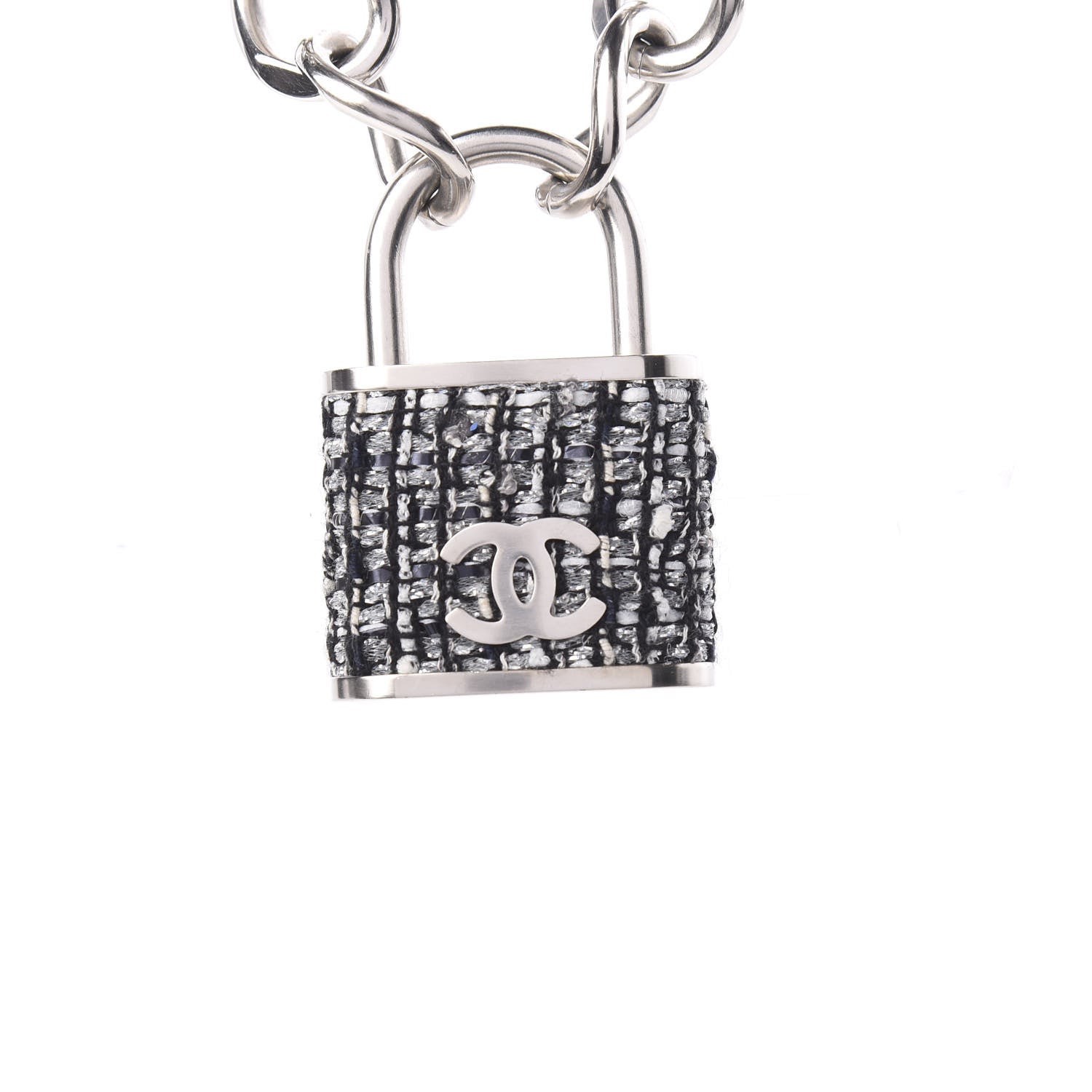 Chanel Tweed CC Oversized Padlock Chain Necklace Black Silver 4 of 5