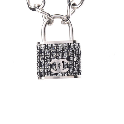 Chanel Tweed CC Oversized Padlock Chain Necklace Black Silver 4 of 5
