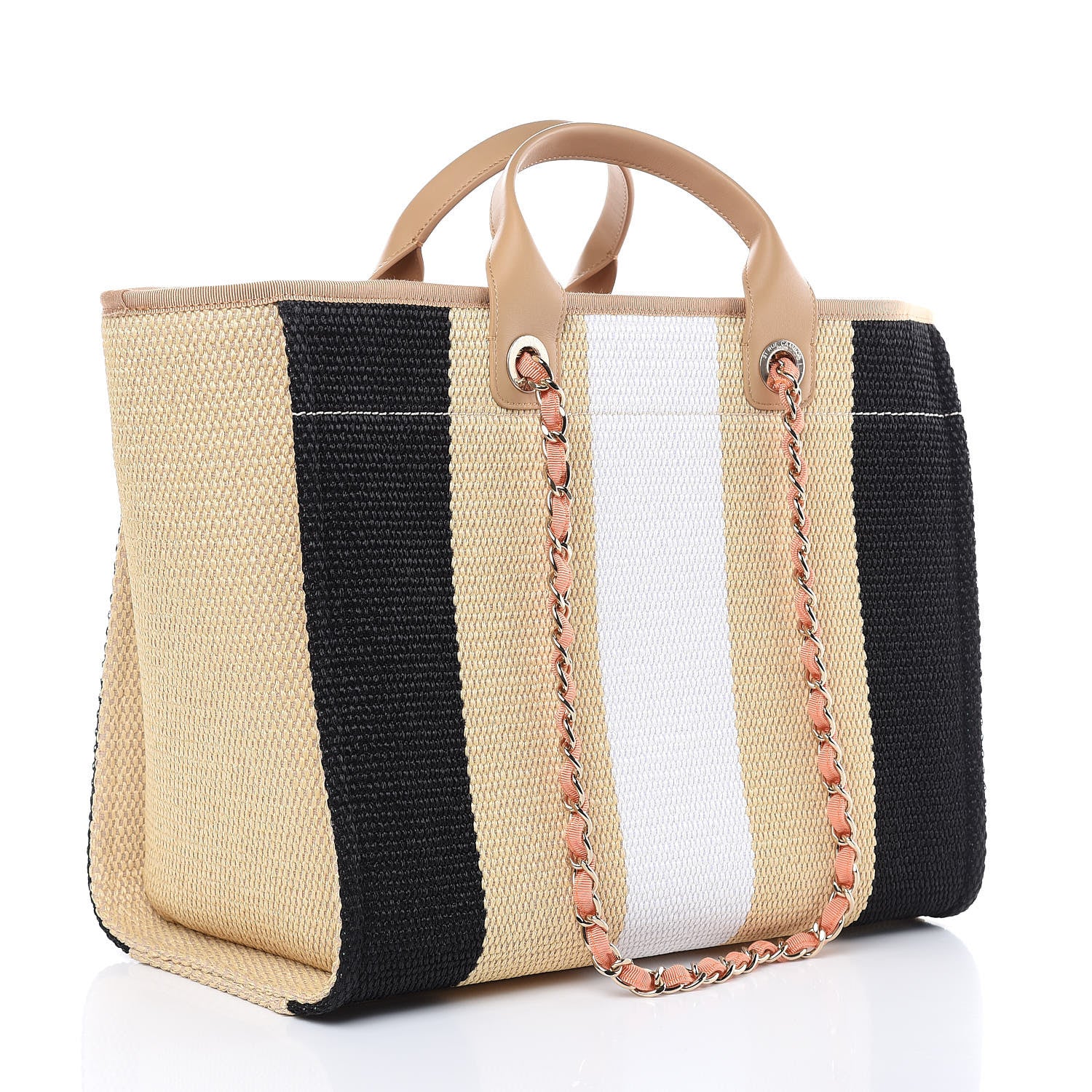 Chanel Straw Raffia Calfskin Striped Large Deauville Tote Black Beige Ivory 3 of 10
