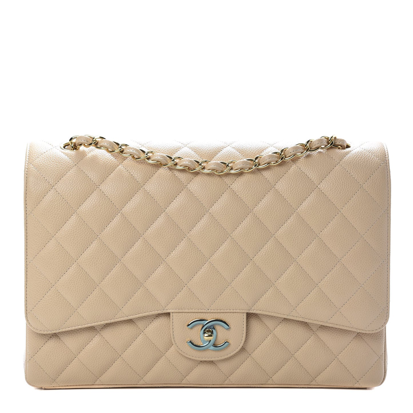 Caviar Quilted Maxi Double Flap Light Beige