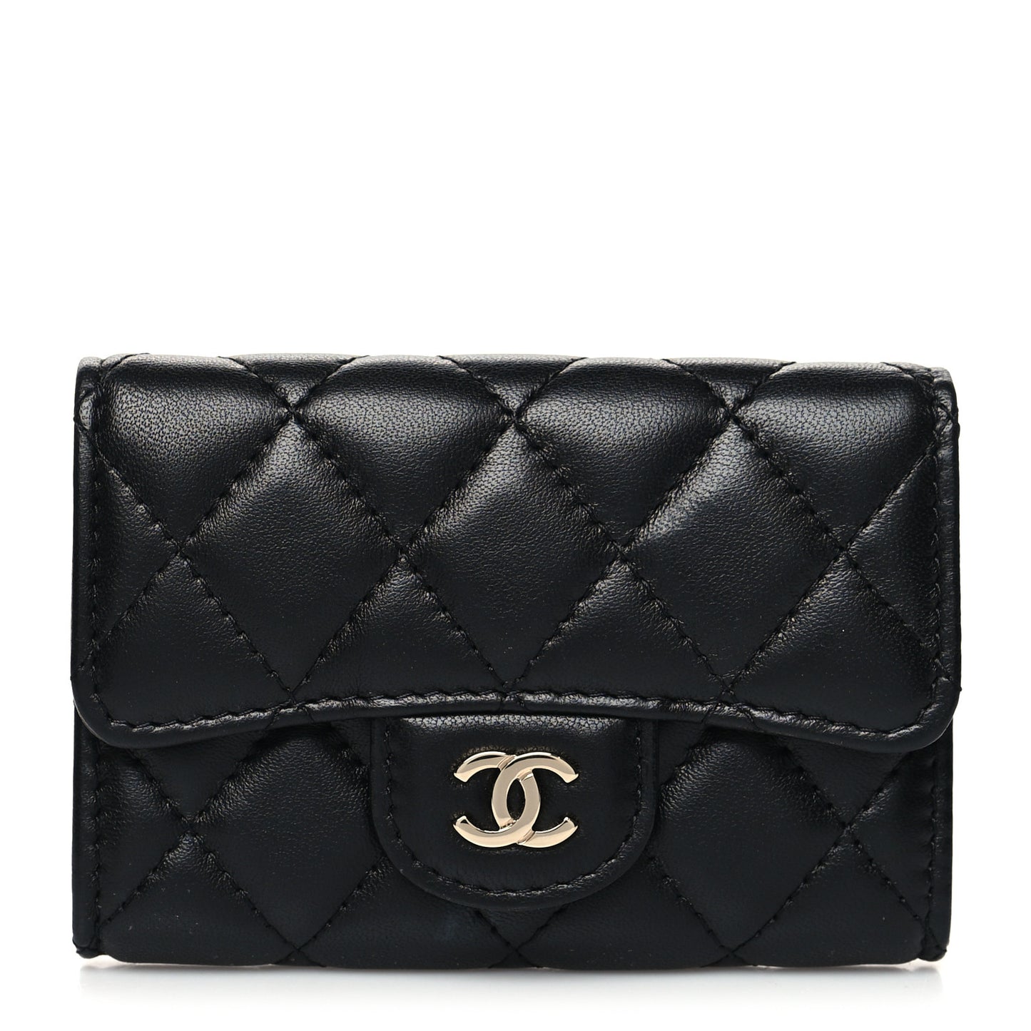 Lambskin Quilted Flap Card Holder Wallet Black
