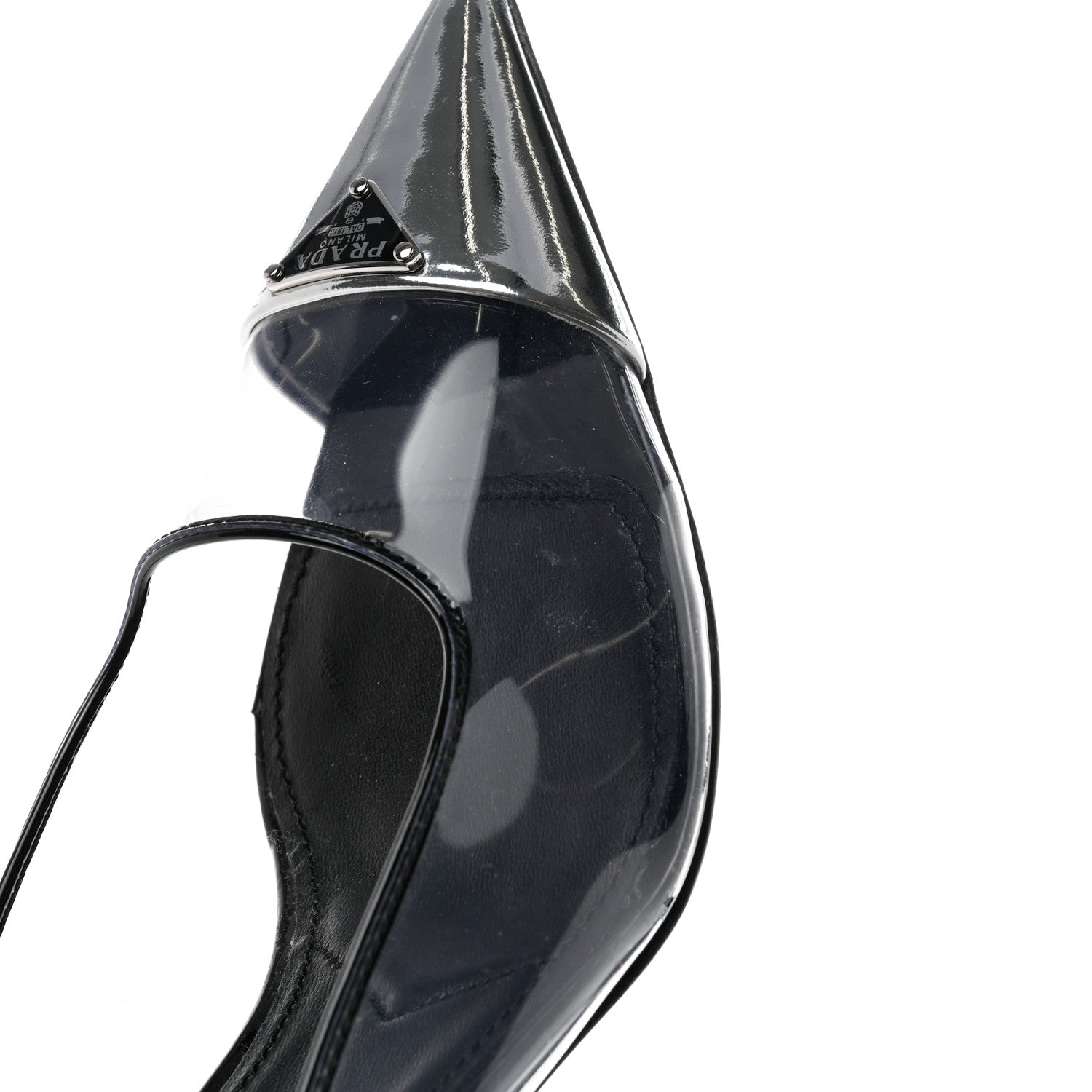 Prada Plexiglass Vernice Metal Triangle Logo Modellerie 75mm Mules 37 Black 8 of 9