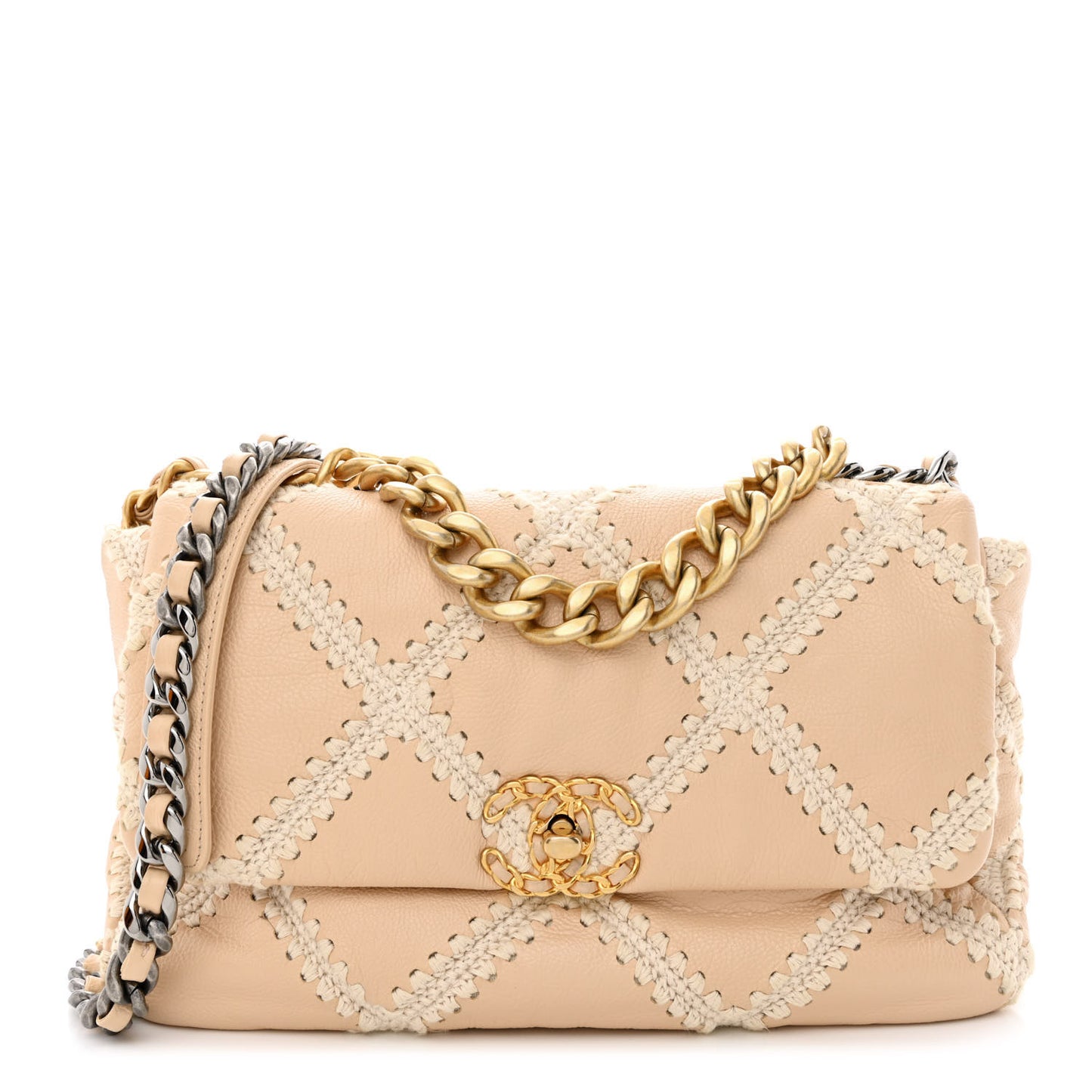 Calfskin Crochet Large Chanel 19 Flap Beige