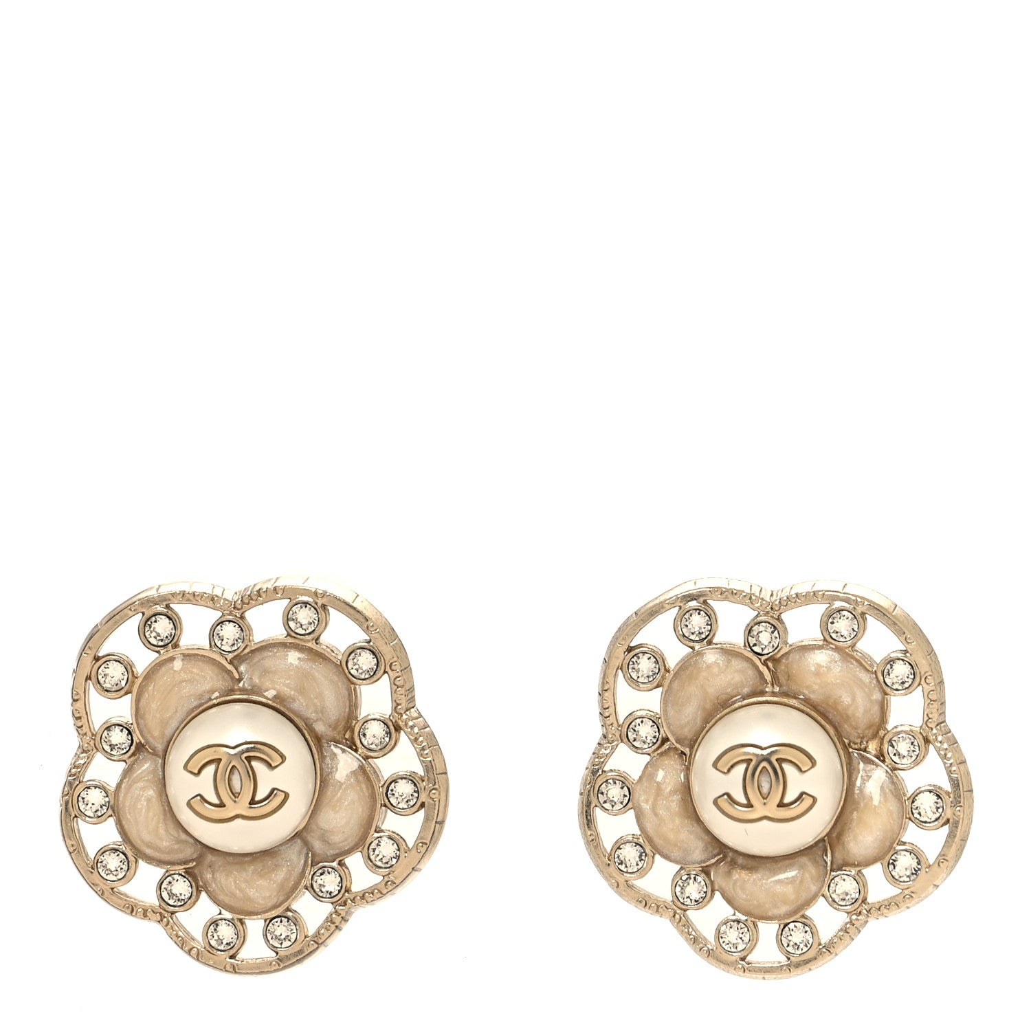 Chanel Enamel Crystal Pearl CC Camellia Earrings Pink Gold 1 of 5