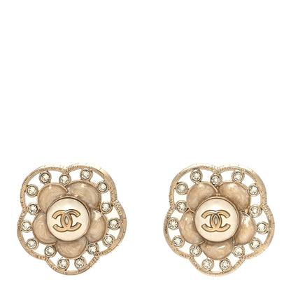 Chanel Enamel Crystal Pearl CC Camellia Earrings Pink Gold 1 of 5