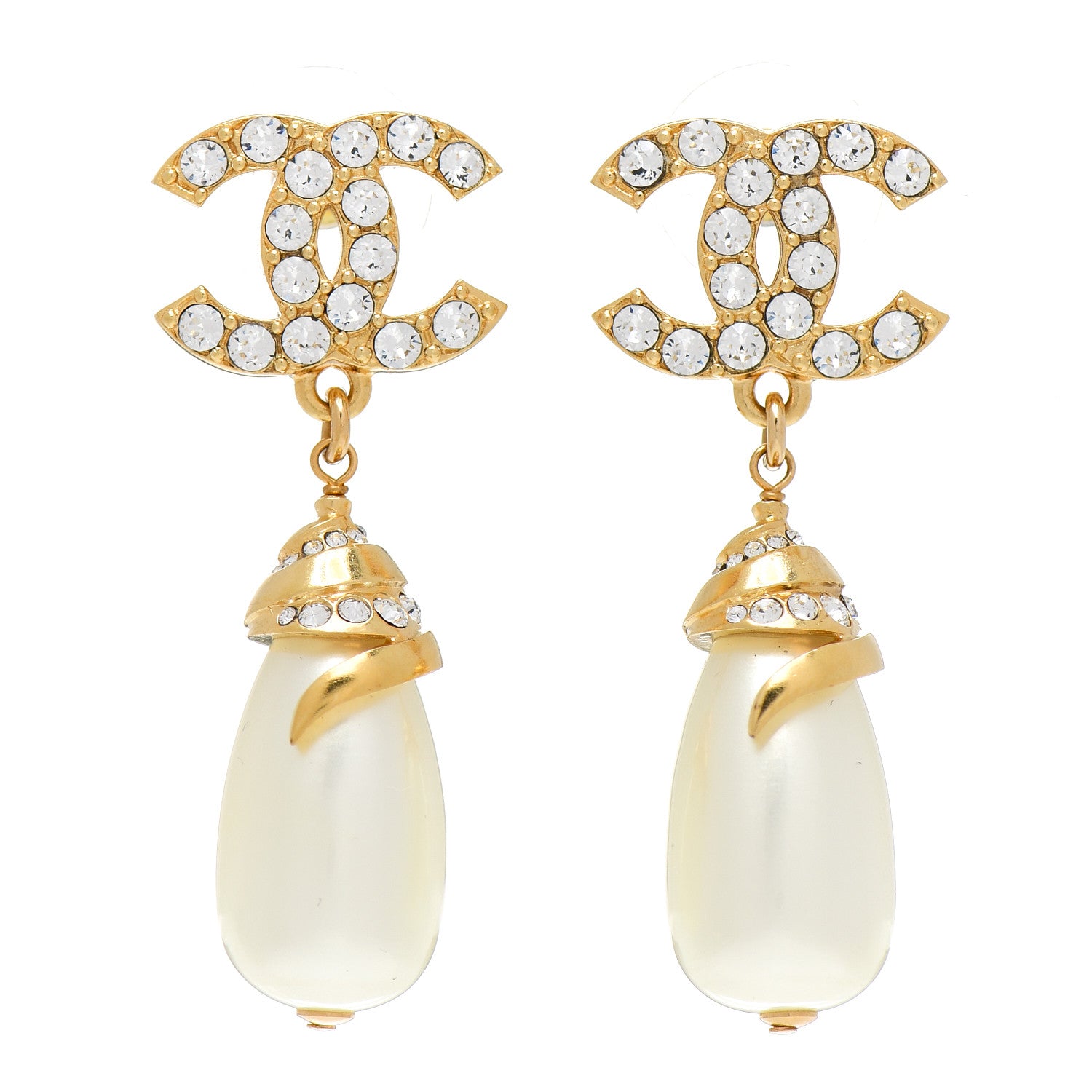 Chanel Crystal Long Pearl CC Drop Earrings Gold 1 of 5