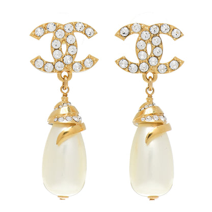 Chanel Crystal Long Pearl CC Drop Earrings Gold 1 of 5