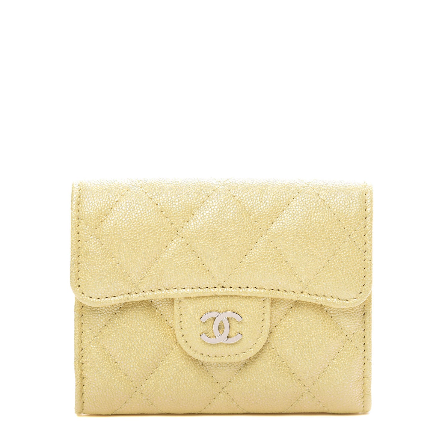 Iridescent Caviar Quilted Flap Card Holder Wallet Yellow