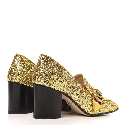 Gucci Glitter Nappa Web Peyton 75mm Loafer Pumps 37.5 Oro Vecchio 4 of 9