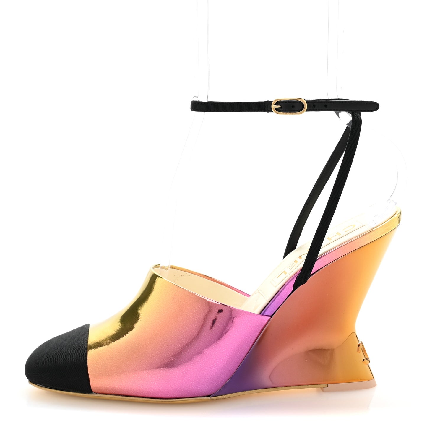 Laminated Calfskin Grosgrain Cap Toe CC Wedge Pumps 38 Pink Orange Yellow Black