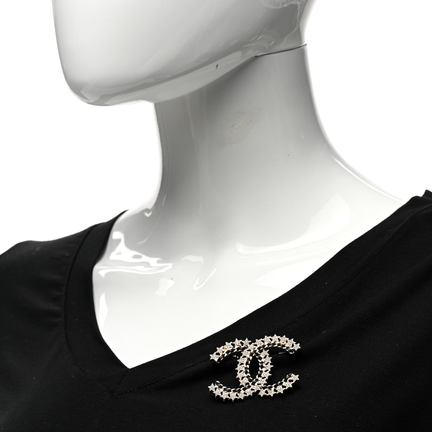 Lambskin Chain Crystal Chain CC Star Brooch Gold Black