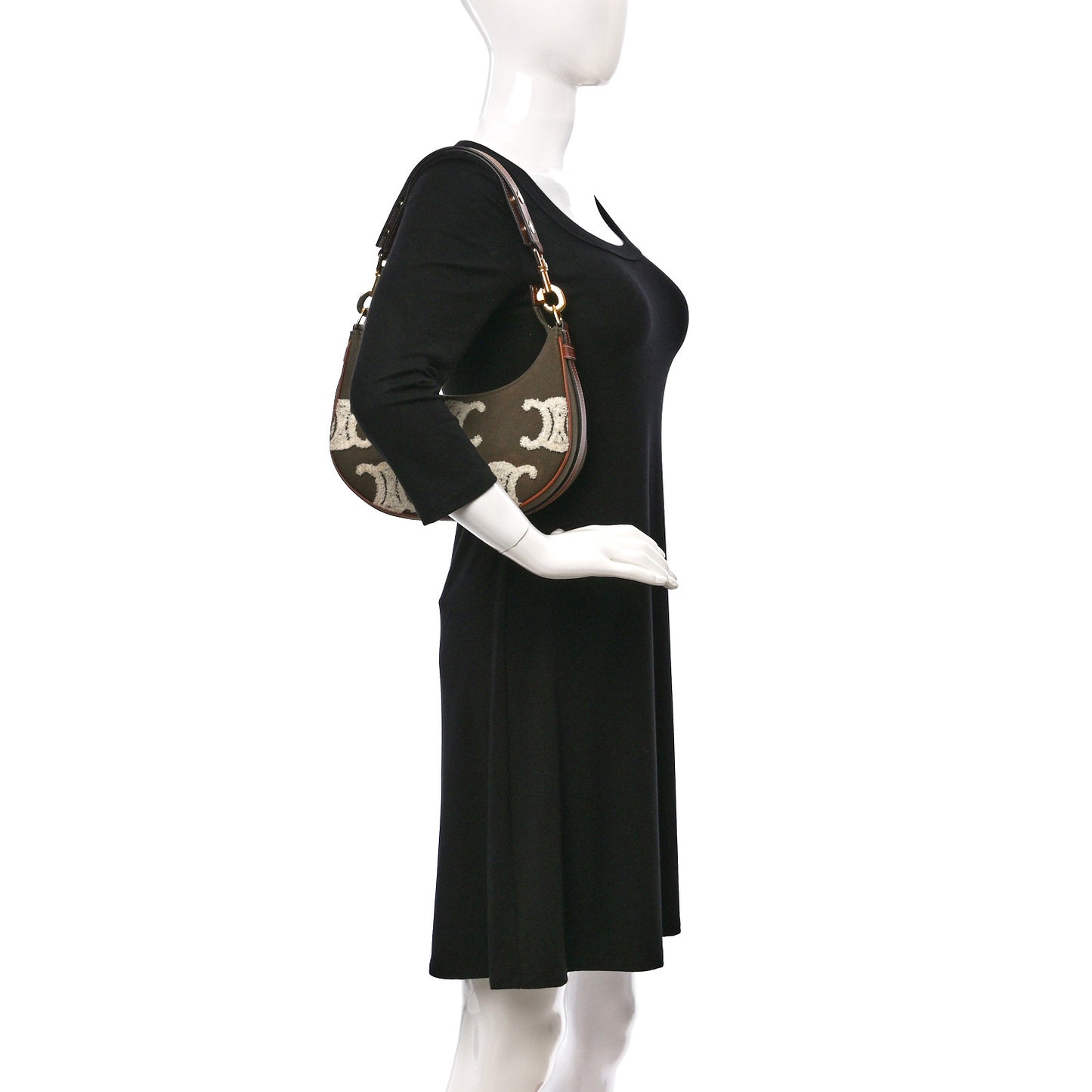 Cotton Gabardine Bouclette Embroidered Medium Strap Ava Triomphe Shoulder Bag Khaki Tan