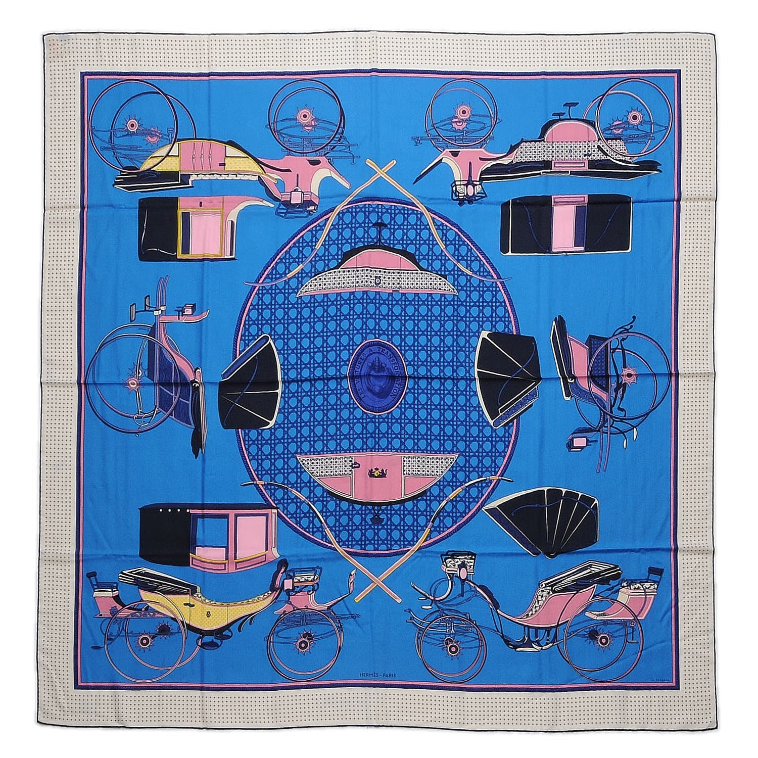 Hermes Cashmere Silk Les Voitures A Transformation Shawl 140 Bleu Azur Rose Blanc 1 of 5