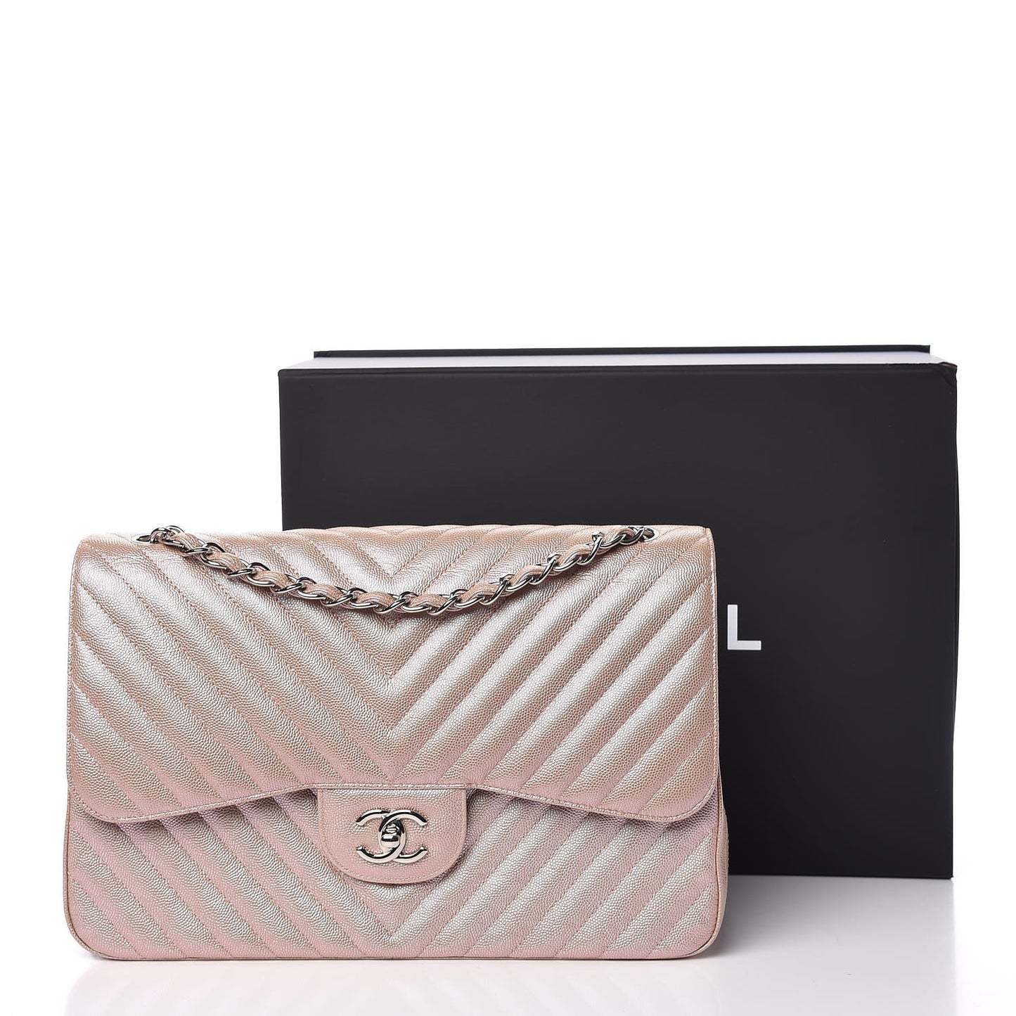 Metallic Caviar Chevron Quilted Jumbo Double Flap Light Gold