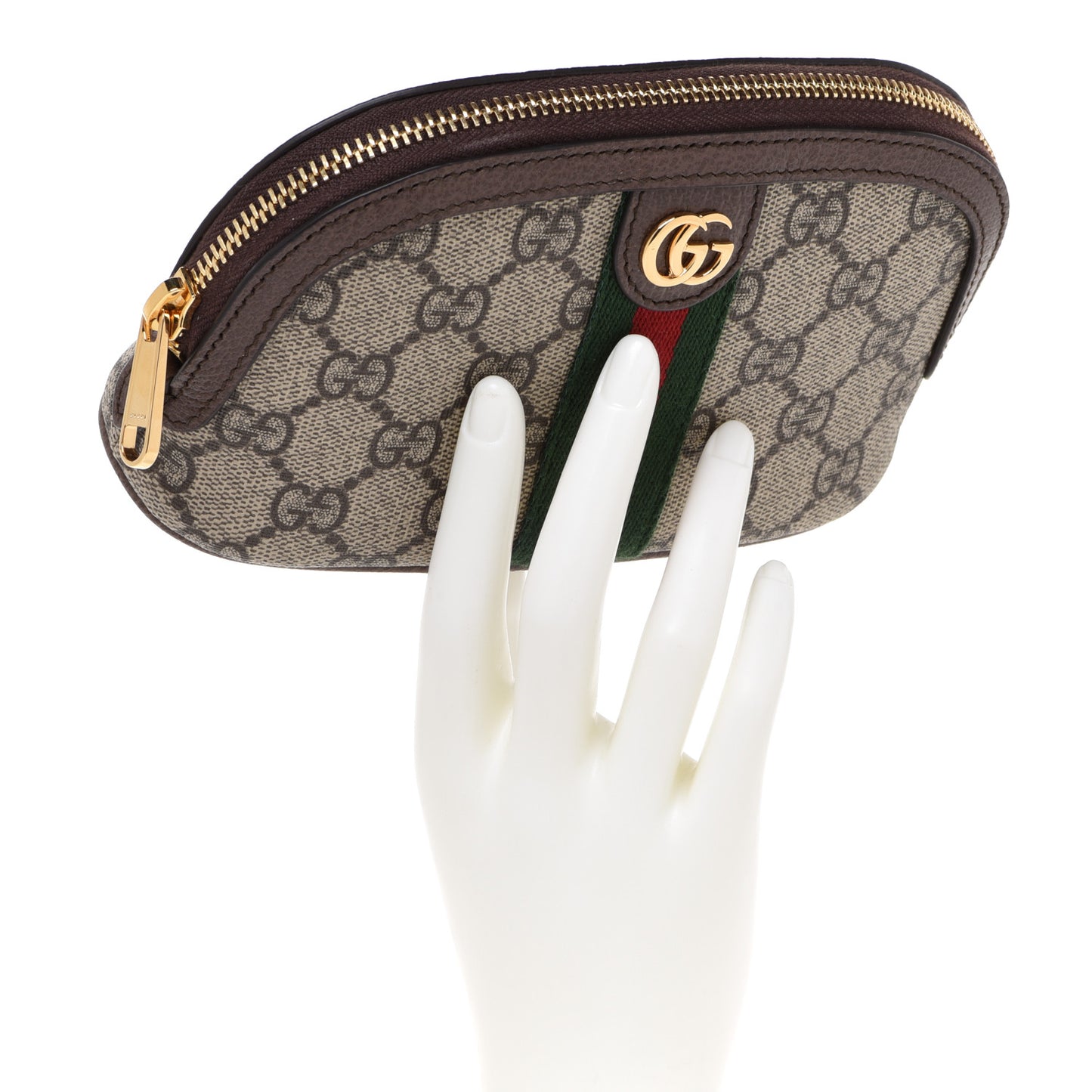 GG Supreme Monogram Textured Calfskin Web Medium Ophidia Cosmetic Case Beige Ebony New Acero