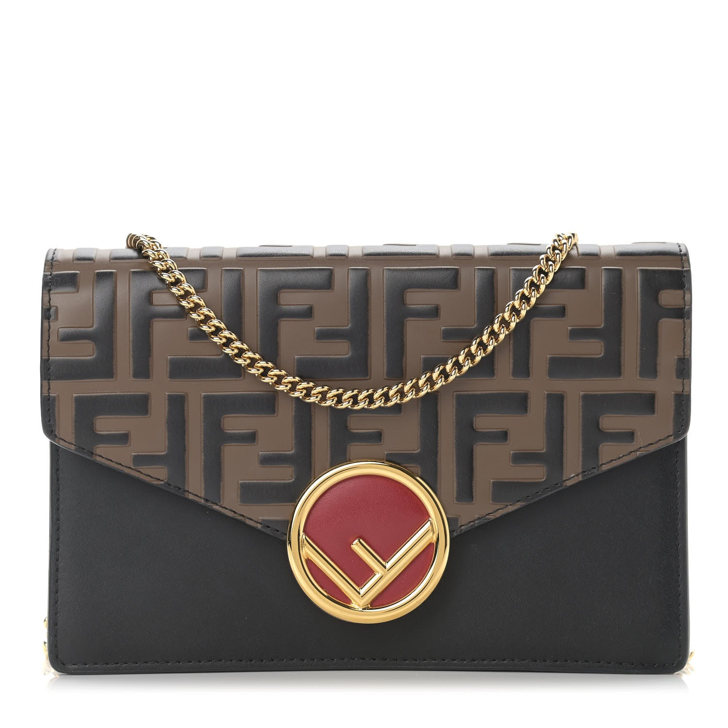 Fendi Vitello Liberty F is Fendi Bi-Color FF 1974 Embossed Medium Envelope Wallet On Chain Black Maya 1 of 9