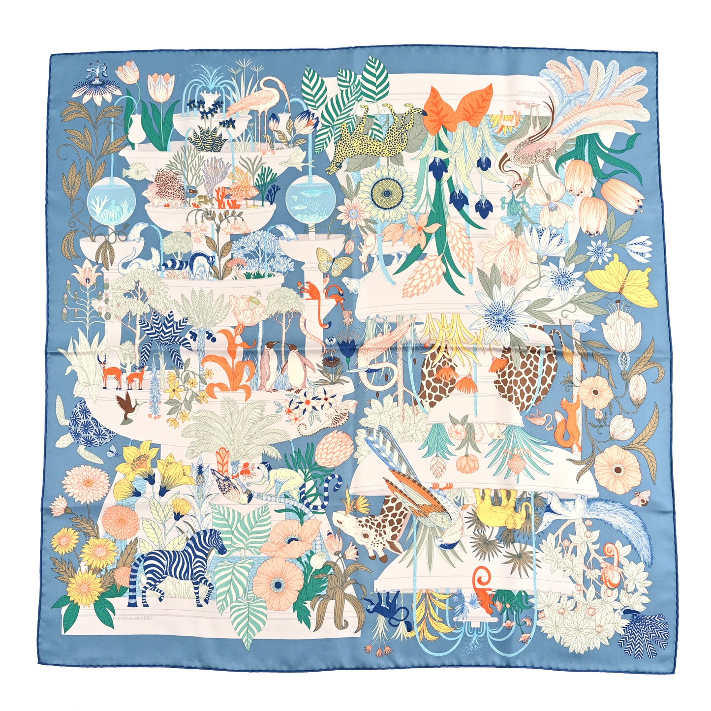 Silk Twill Precious Paradise Scarf 90 Bleu Jean Vert Orange