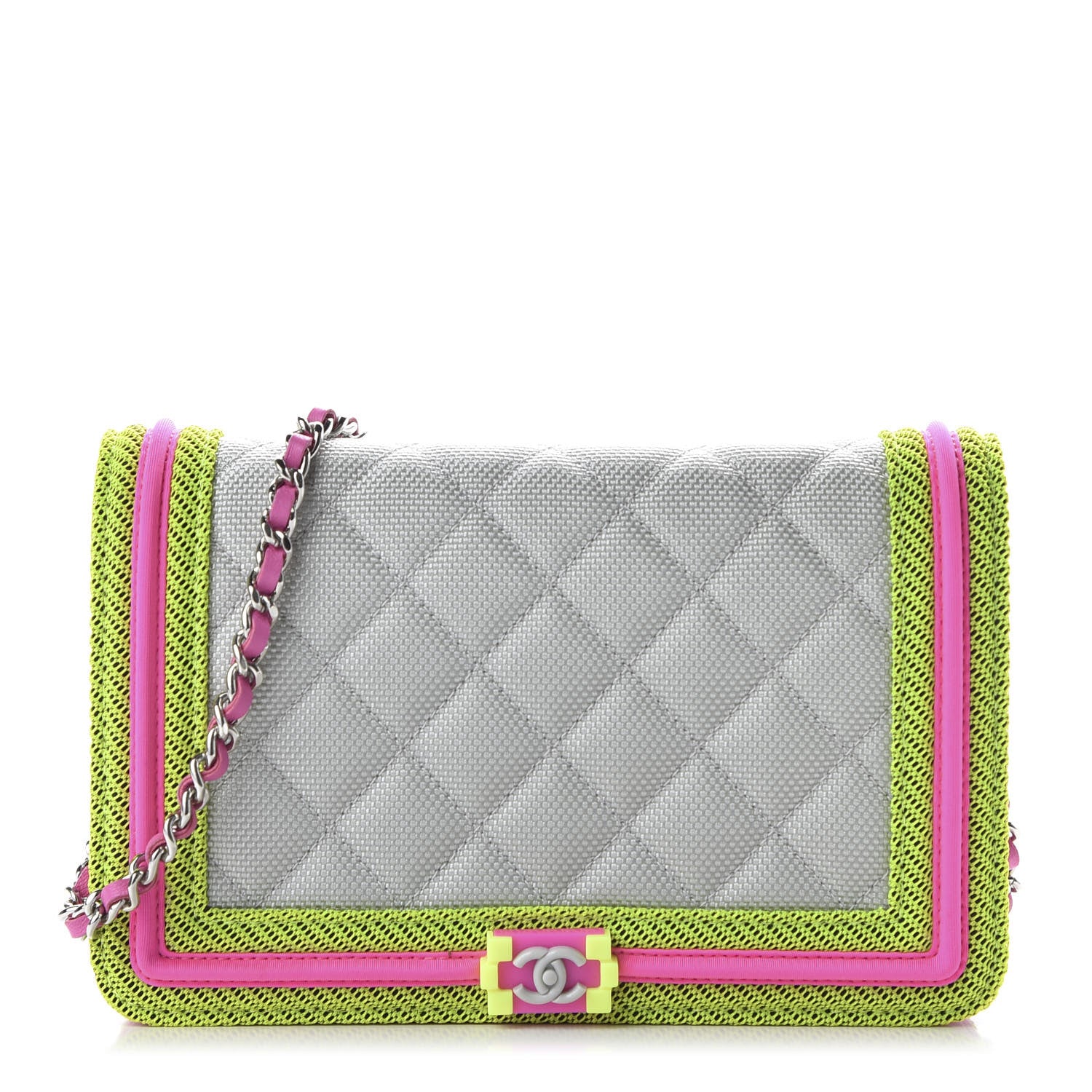 Chanel Canvas Quilted Fluo Boy Wallet On Chain WOC Dark Grey Fuchsia Green 1 of 10