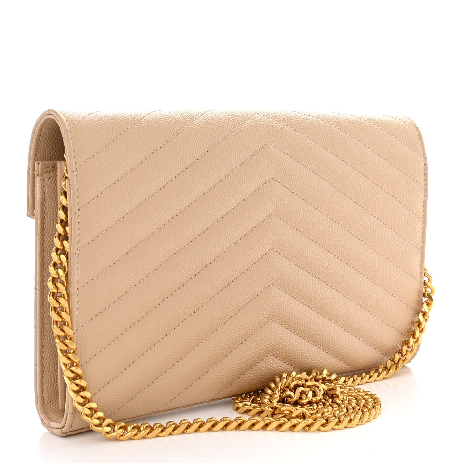 Saint Laurent Grain De Poudre Matelasse Chevron Monogram Chain Wallet Dark Beige 3 of 11
