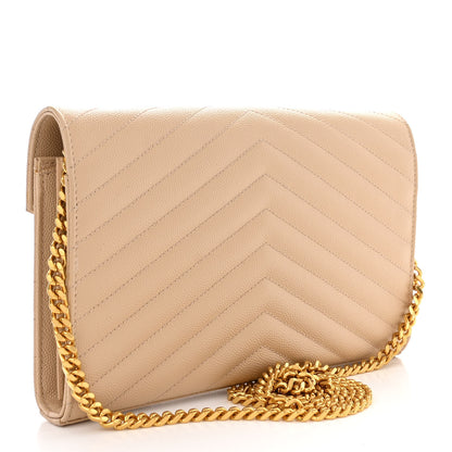 Saint Laurent Grain De Poudre Matelasse Chevron Monogram Chain Wallet Dark Beige 3 of 11