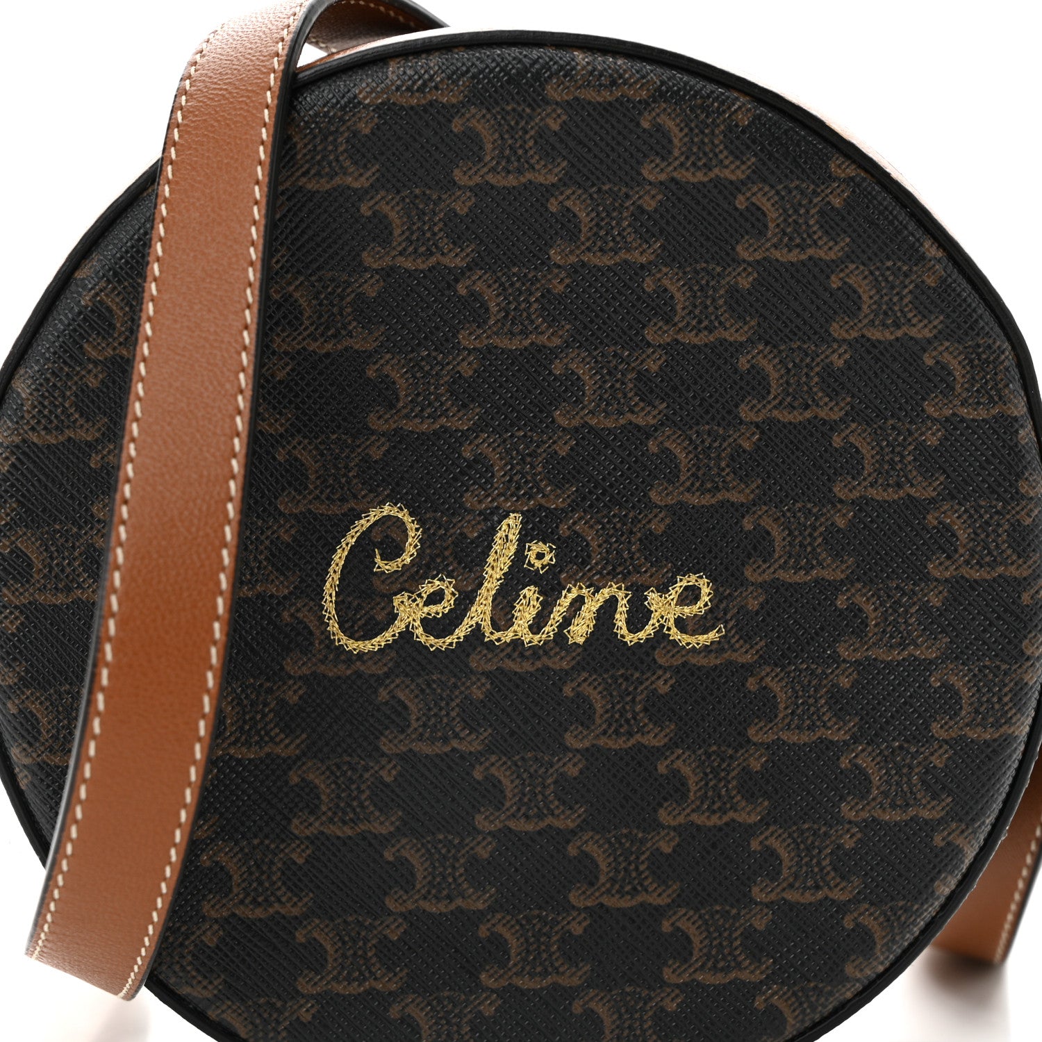 Celine Triomphe Canvas Embroidered Logo Round Purse On Strap Black Tan 8 of 10