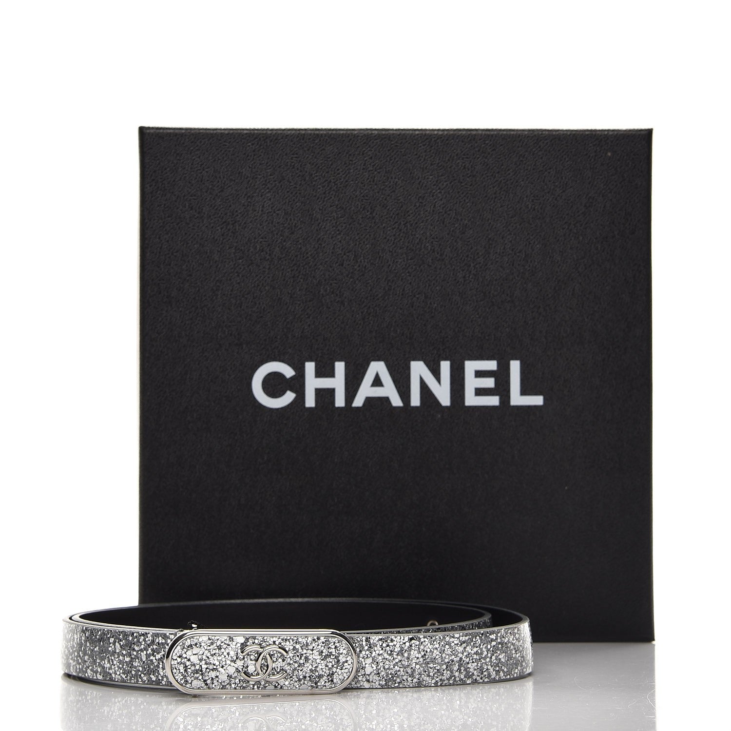Chanel Glitter Calfskin CC Logo Skinny Belt 80 32 Silver 5 of 5