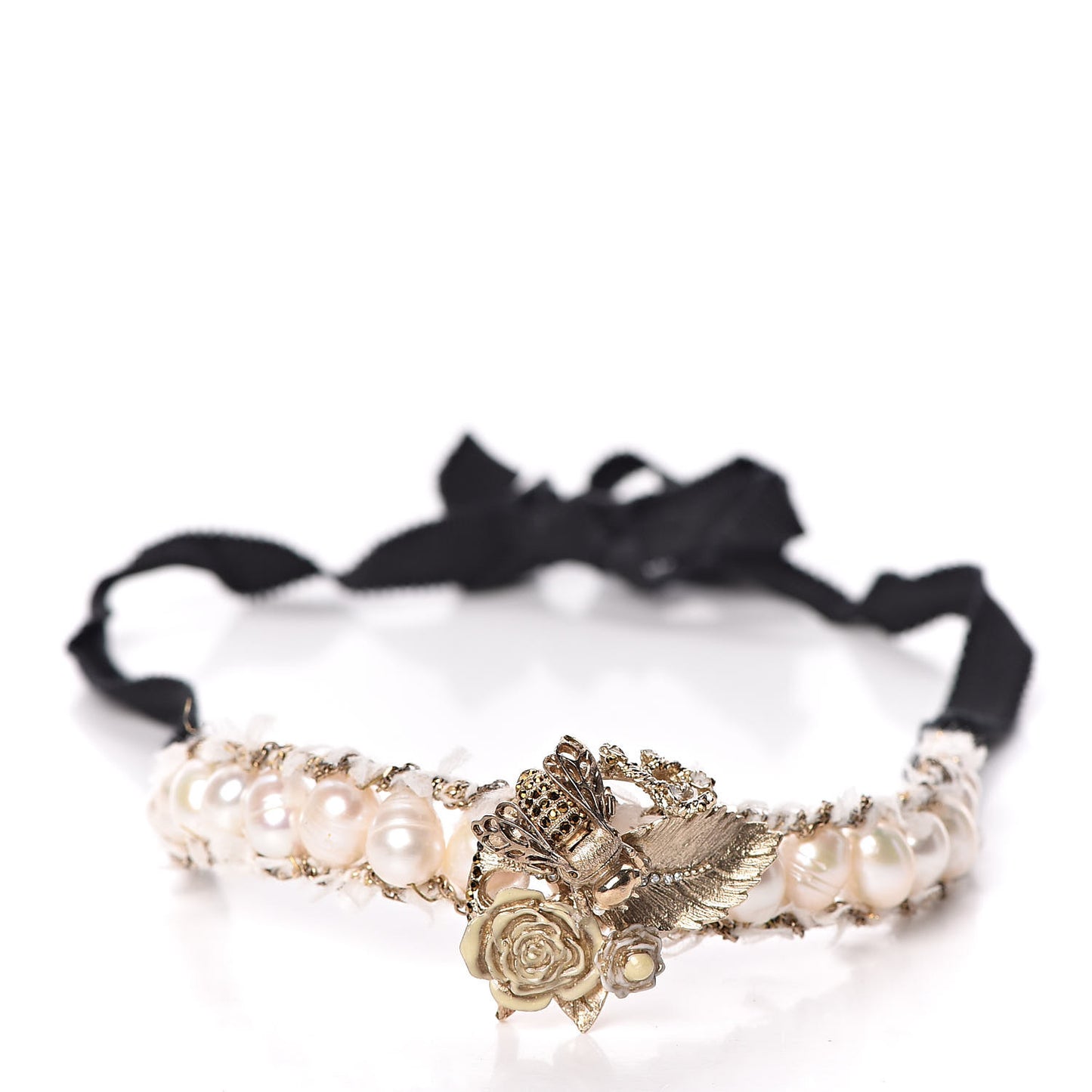 Enamel Pearl Crystal Bee CC Choker Necklace Gold