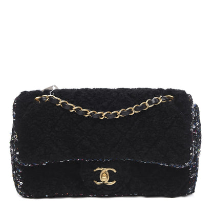 Chanel Shearling Sheepskin Tweed Quilted Single Flap Black 1 of 10