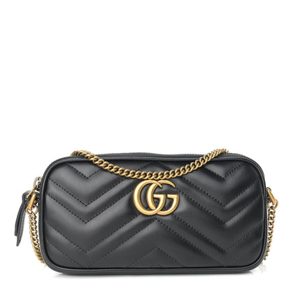 Gucci Calfskin Matelasse Mini GG Marmont Chain Crossbody Bag Black 1 of 9