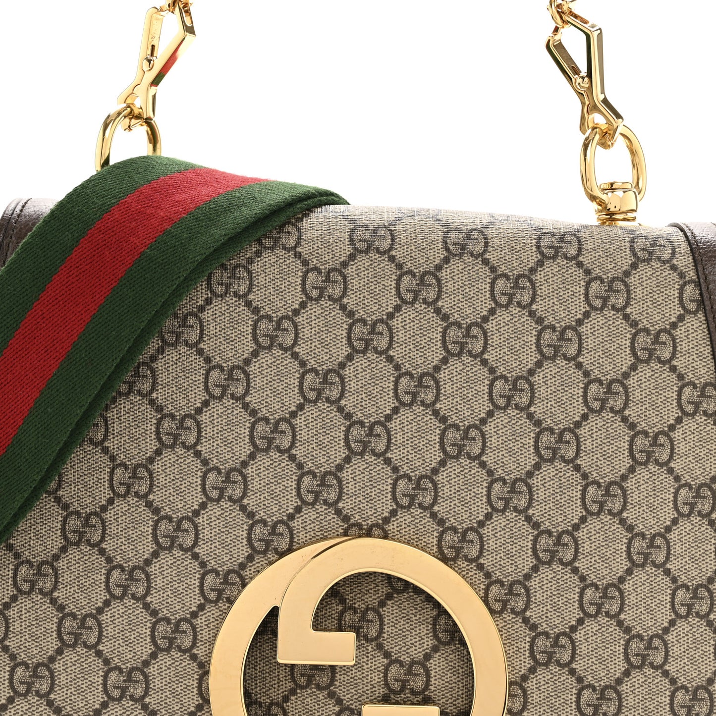 GG Supreme Monogram Textured Dollar Calfskin Web Medium Blondie Top Handle Shoulder Flap Bag Beige Ebony New Acero