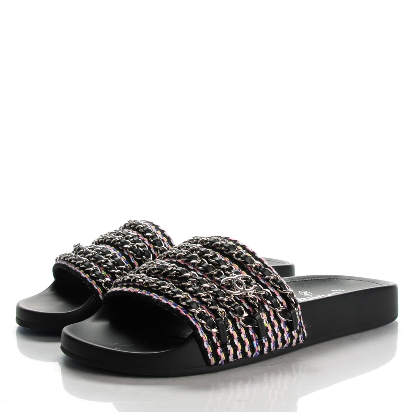 Tweed Lambskin Chain Flat Sandals 37 Black Multicolor