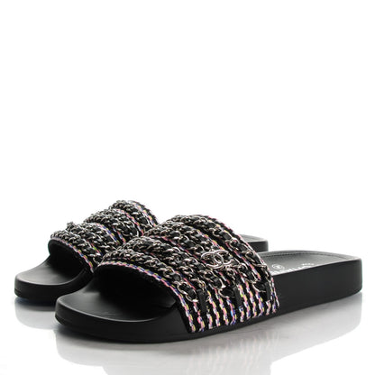 Chanel Tweed Lambskin Chain Flat Sandals 37 Black Multicolor 3 of 9