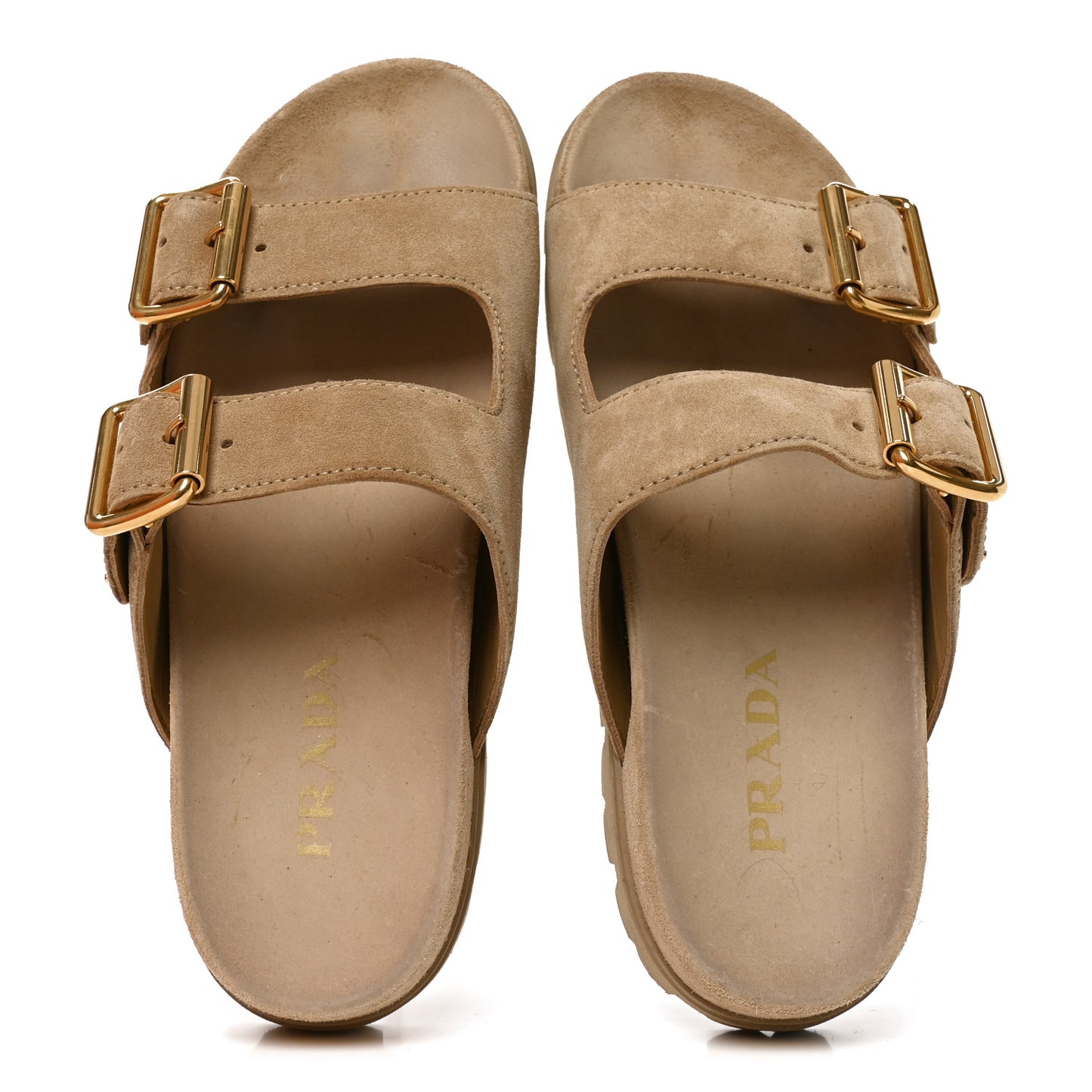 Suede Metal Triangle Logo Womens Double Buckle 20mm Slide Sandals 39 Ecru