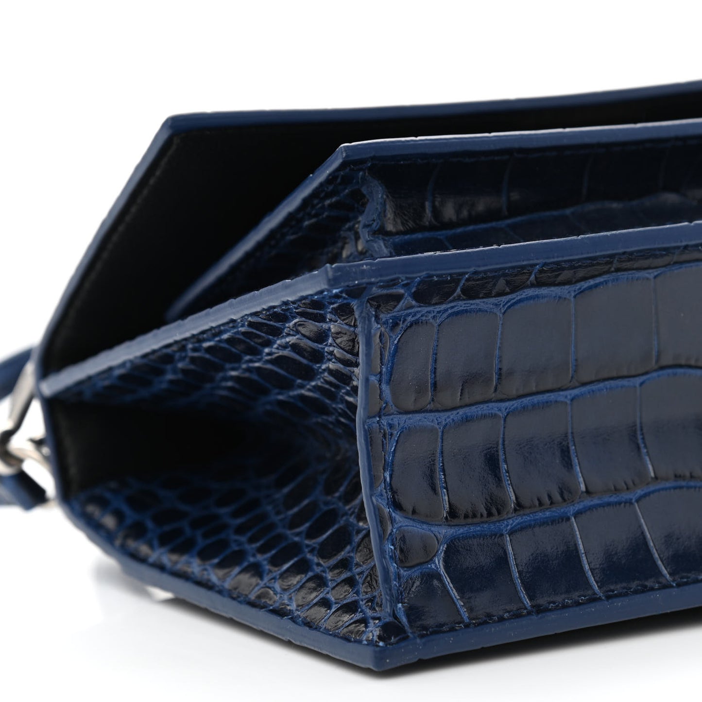 Shiny Calfskin Crocodile Embossed XS Sharp Top Handle Bag Navy